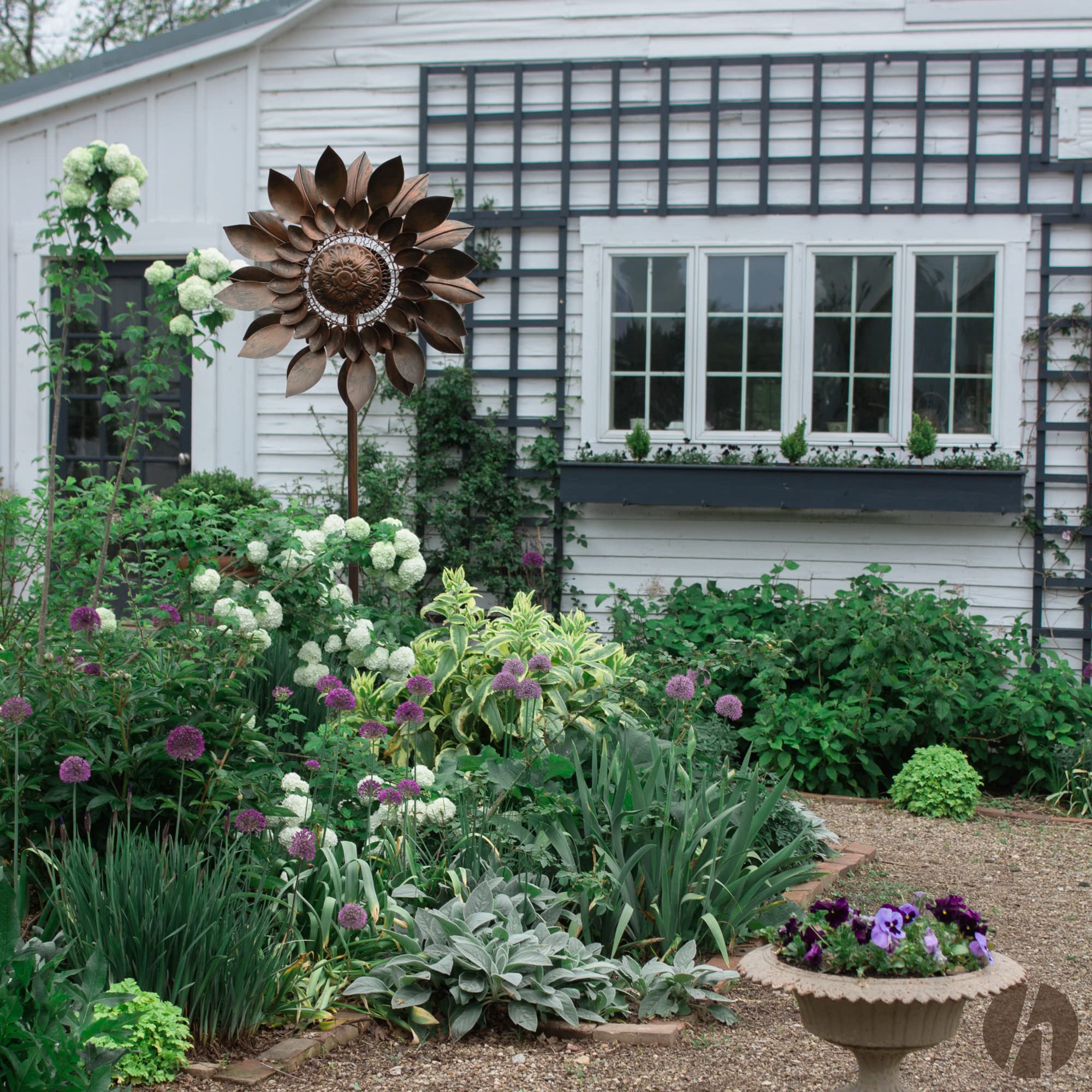 Windrad Windkamille 3D Optik Ø61cm. Windspiel für den Garten aus Metall. Windmühle mit Höhenverstellung dekorativ einzigartiger Blickfänger, wetterfest & UV-beständig Deko in Kupfer H: 187cm.