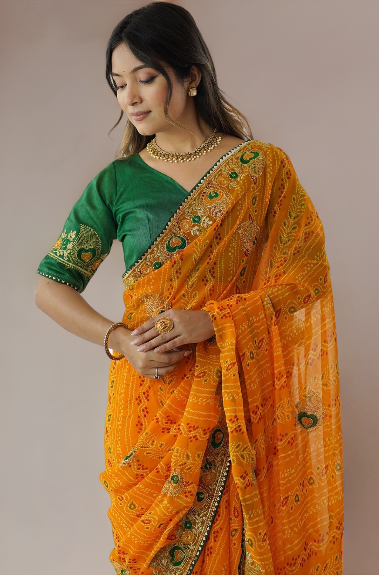 SIRIL Women's Georgette Bandhani Printed and Embroidery Saree with Unstitched Blouse Piece