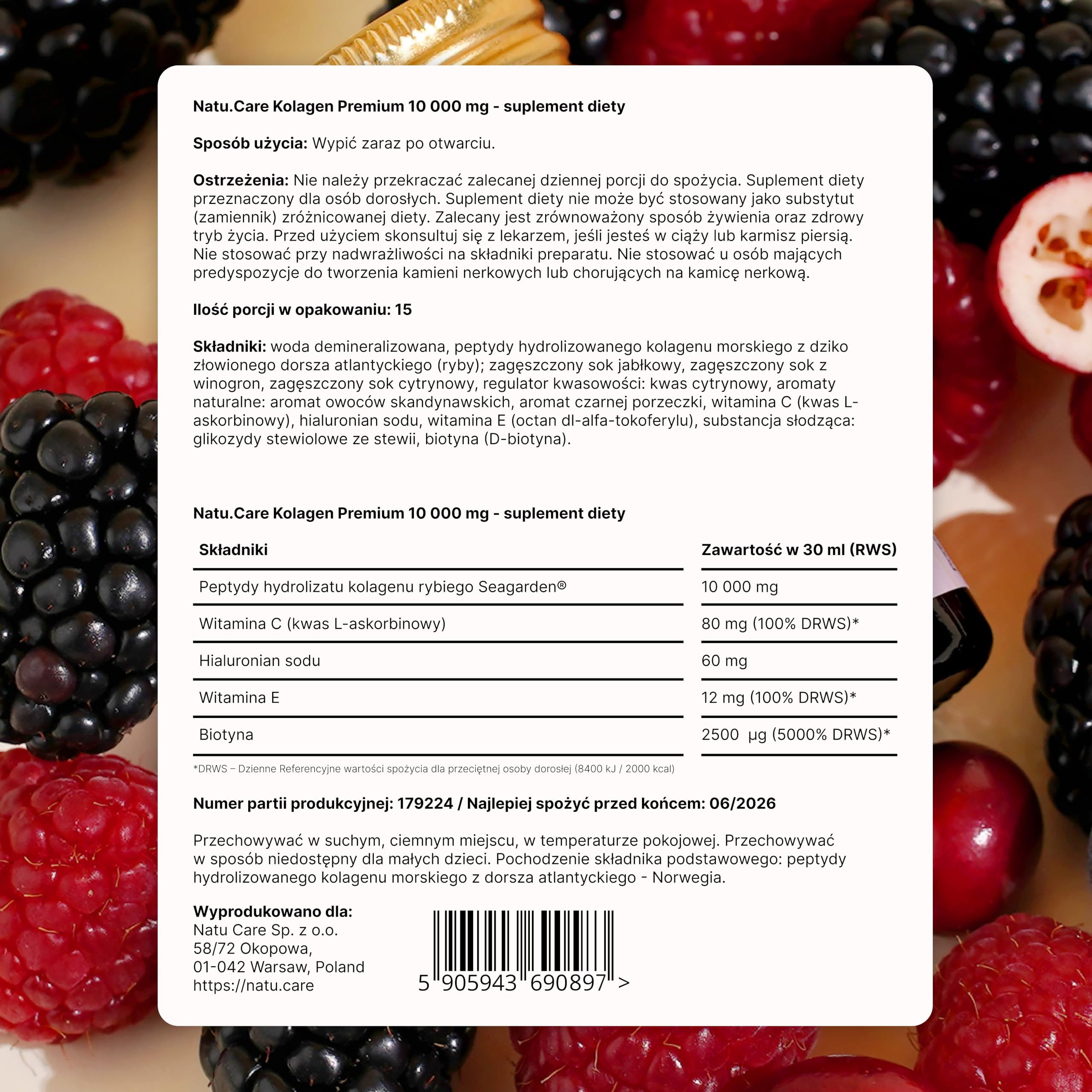 natu.care - Szoty Kolagenowe do picia - Kolagen Rybi 10000 mg - Napój Kolagenowy Premium - 15 shotów - witamina C - suplementy kolagenowe - butelki do picia