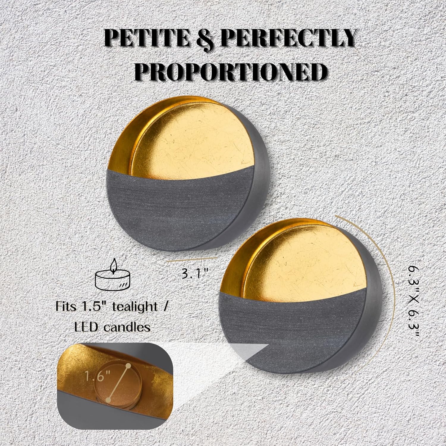 Eclipse Candle Sconces Set of 2 - Modern Gray Metallic Wall Candle Holders with Gold Foil Interior, Christmas Wall Decor for Living Room, Bedroom, or Modern Farmhouse Decor