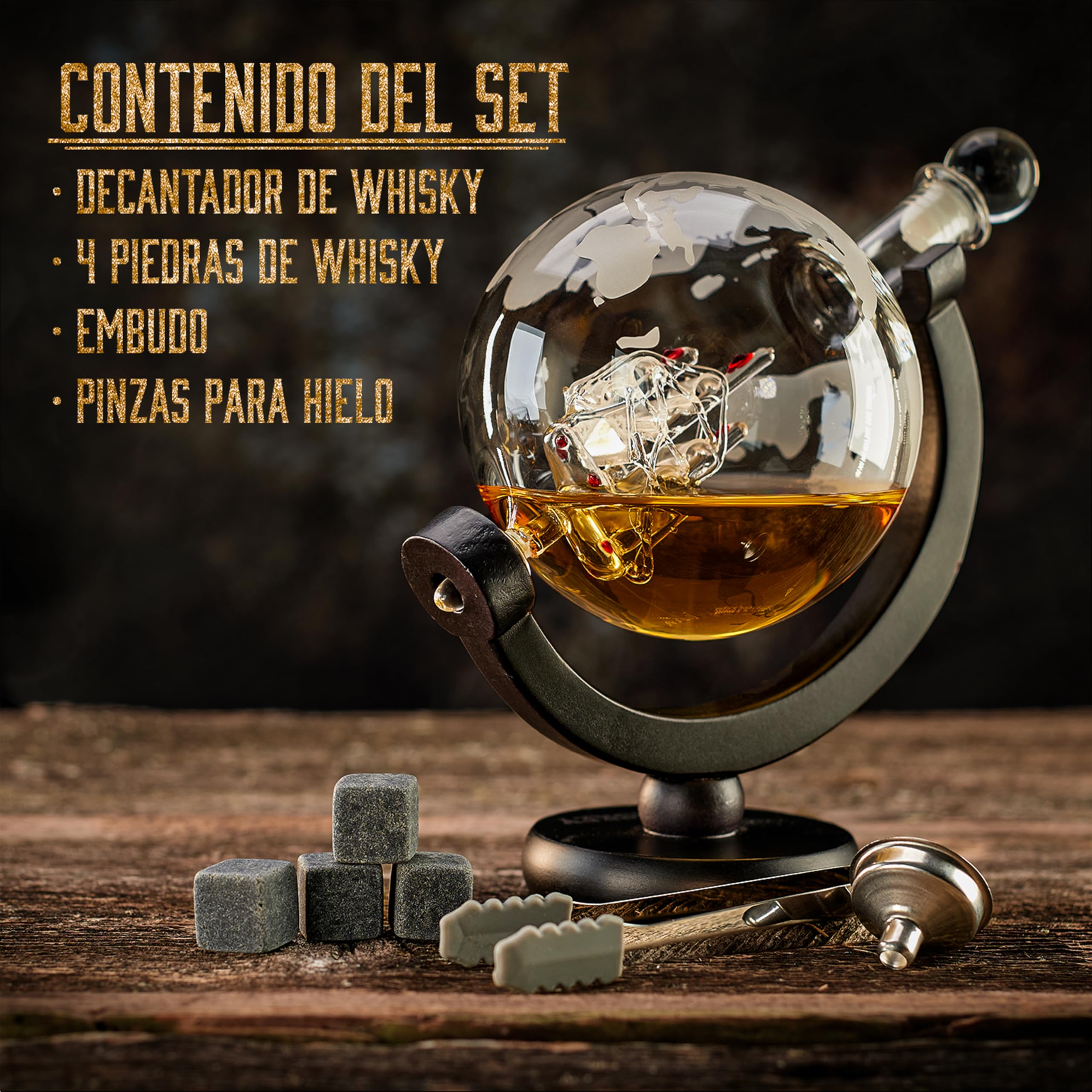 WHISISKEY Decantador de Whisky - Jarra de whisky - Decantador 900ml - Set de Regalo de Whisky - Regalos Originales para Hombres - 4 Piedras de Whisky, Accesorios