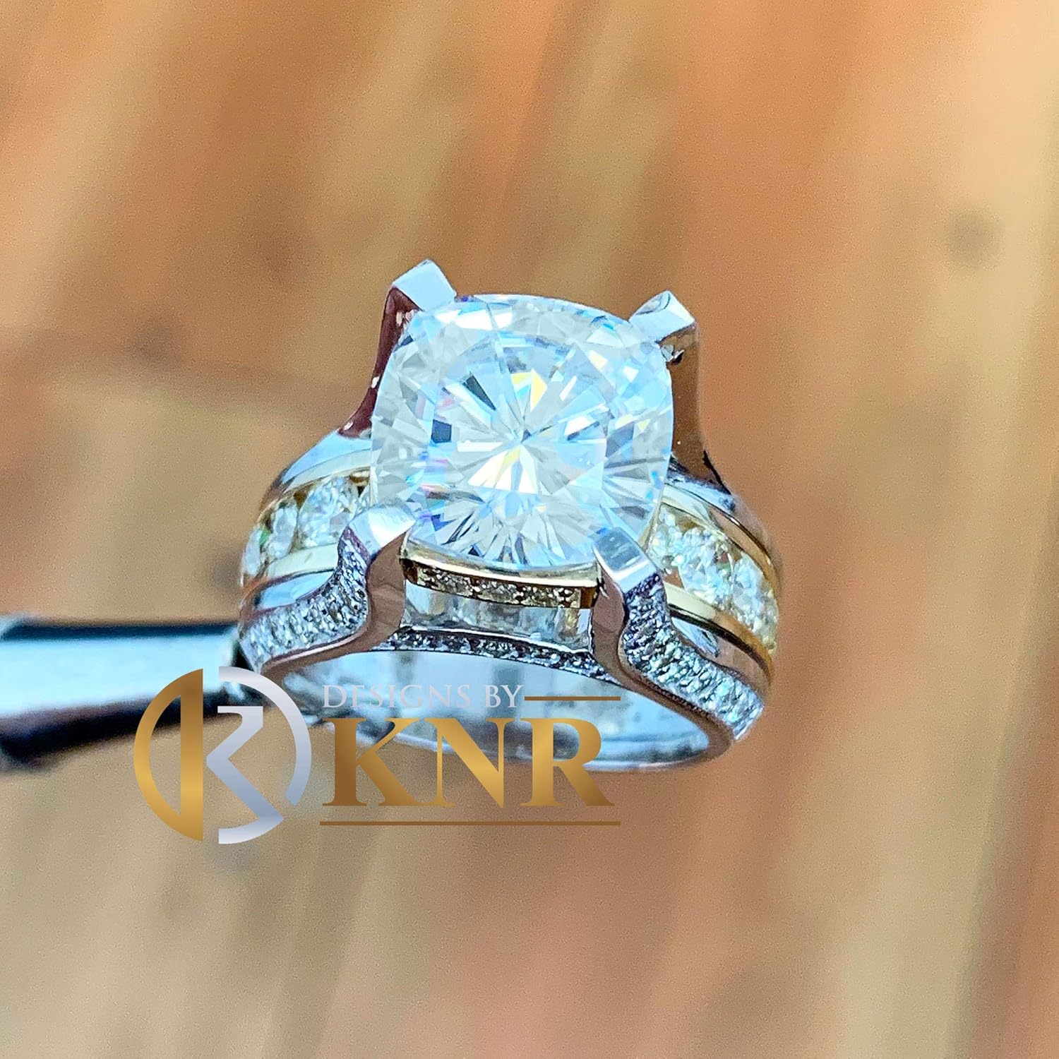 BEAUTIFUL Heavy 14k Solid White Yellow Gold Cushion Cut Moissanite and Natural Diamond Engagement Ring, Bridal, Wedding 6.50Ctw
