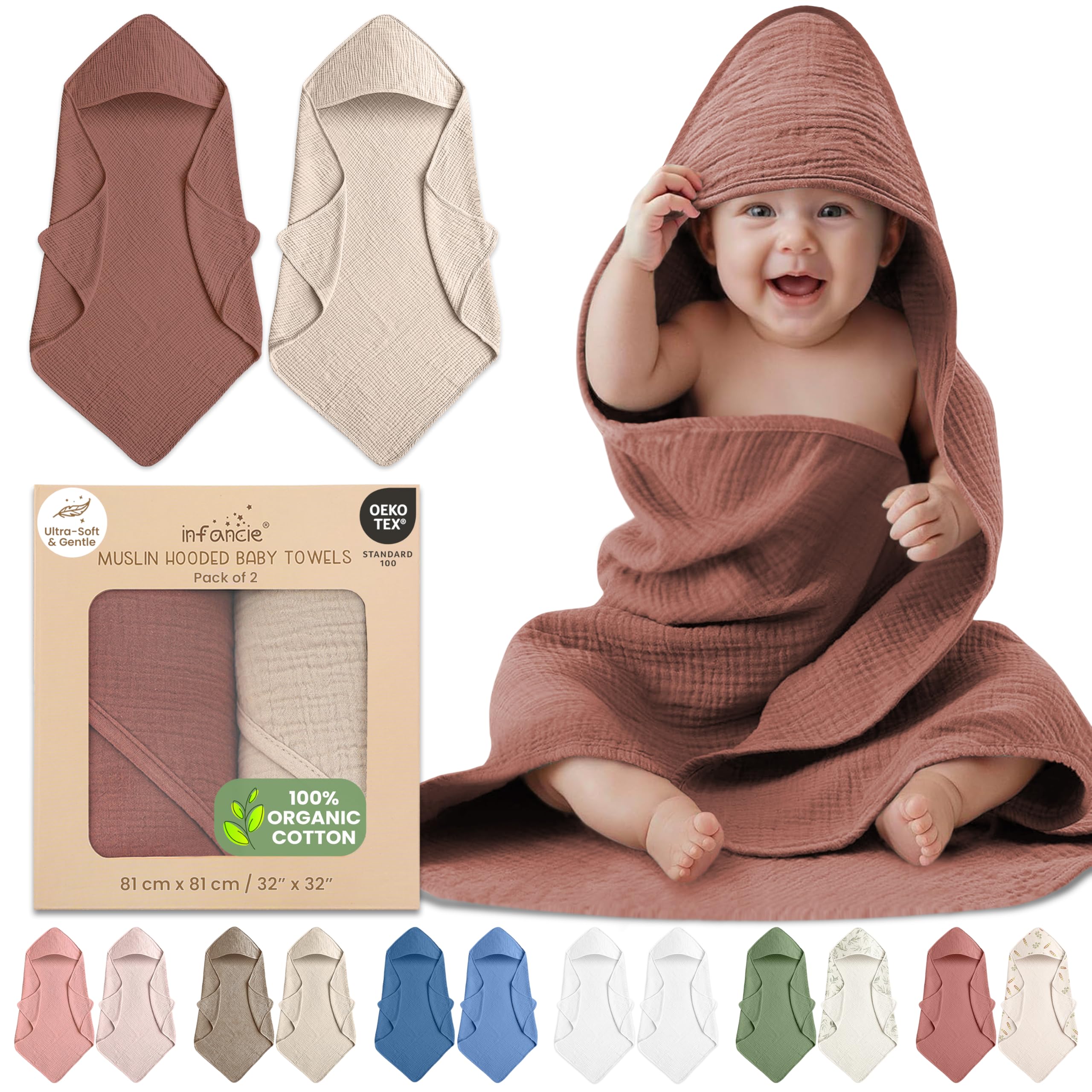 infancie Organic Cotton Hooded Baby Towel - 2 Pack Muslin Baby Towels for Infants,81x81 cm Bath Towels with Hood - Super Soft, Absorbent and Durable (Rust/Ivory)