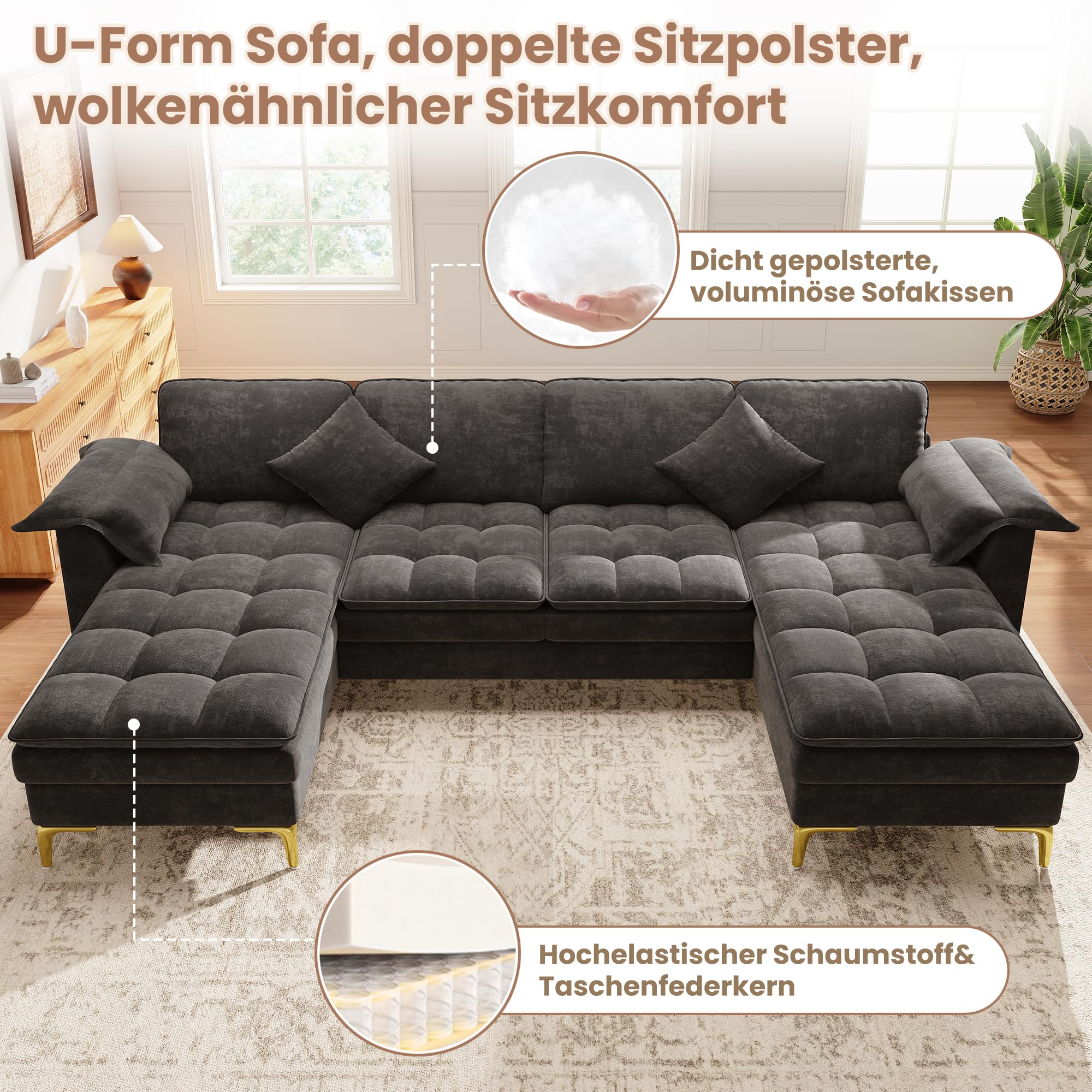 Sofá esquinero en forma de U, diseño modular de 4 plazas con efecto nube y cojín de espuma de doble capa, incluye 2 chaise longues, 2 cojines, patas de metal doradas, funda de chenilla, adecuado para