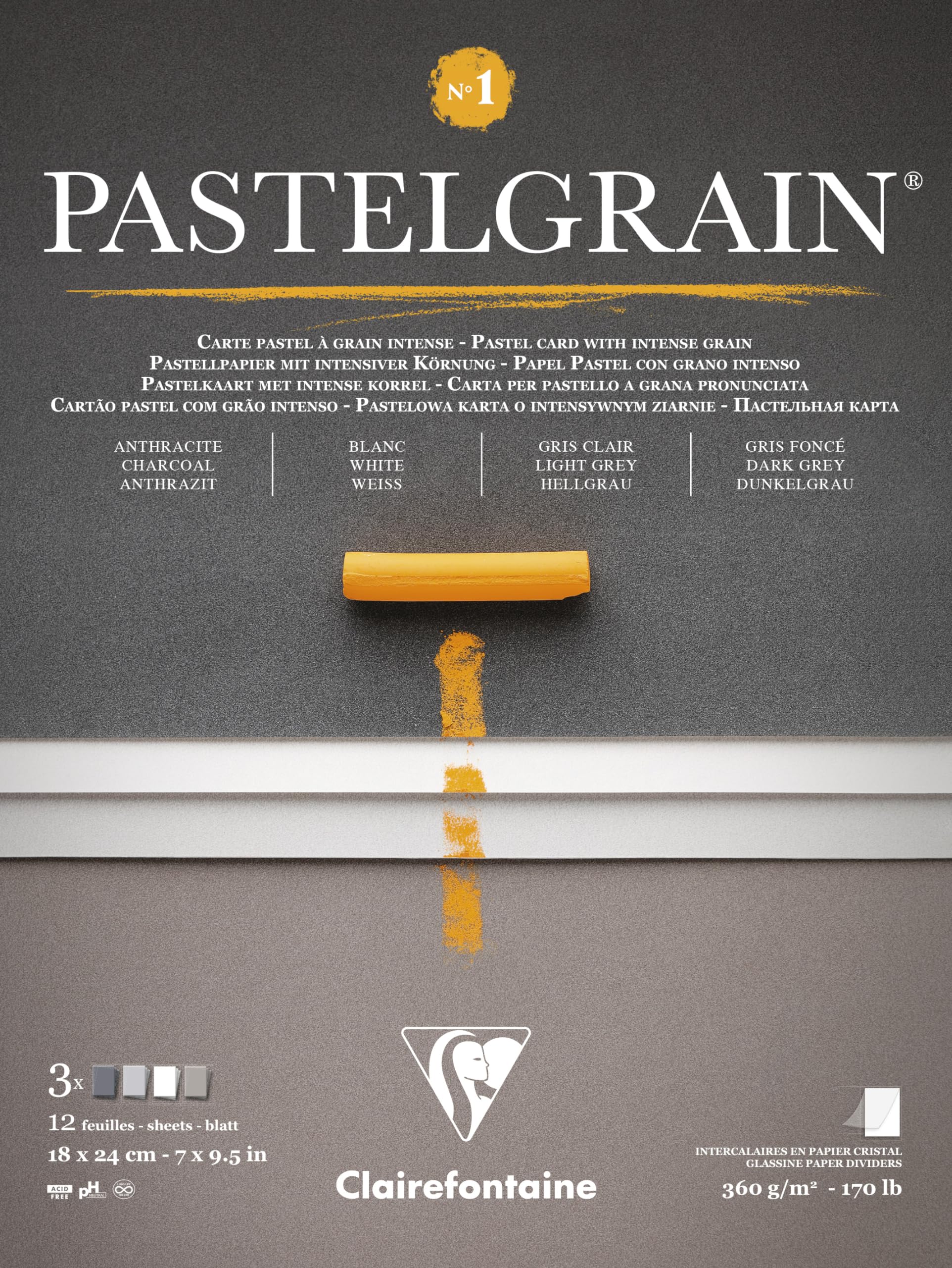 Clairefontaine 976057C PastelGrain Glued Pad No. 1-12 Sheets Special Paper for Dry Pastels, 18x24 cm 360g