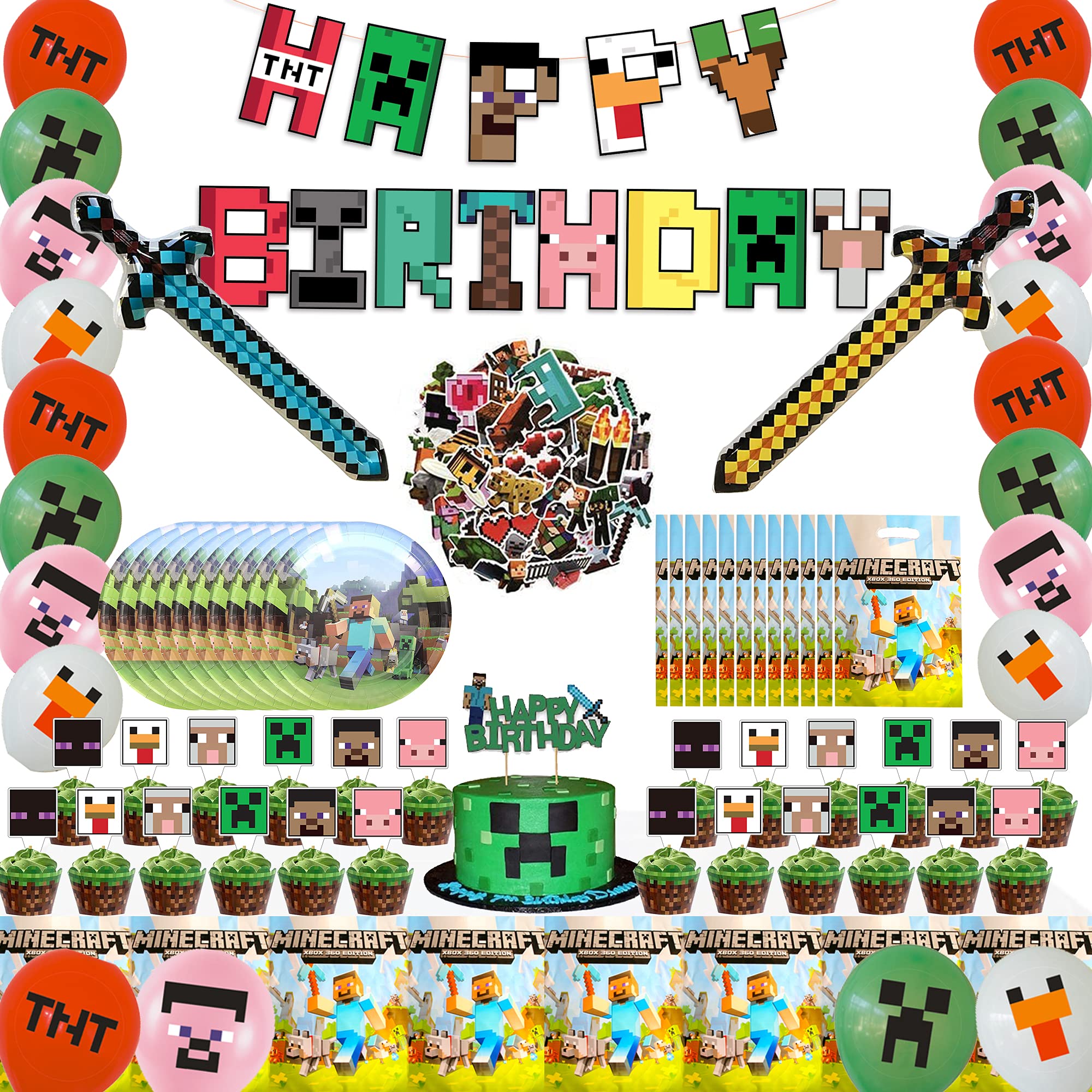 Buy Pixel Style Gamer Birthday Party Supplies, 142Pcs Minecraft Party