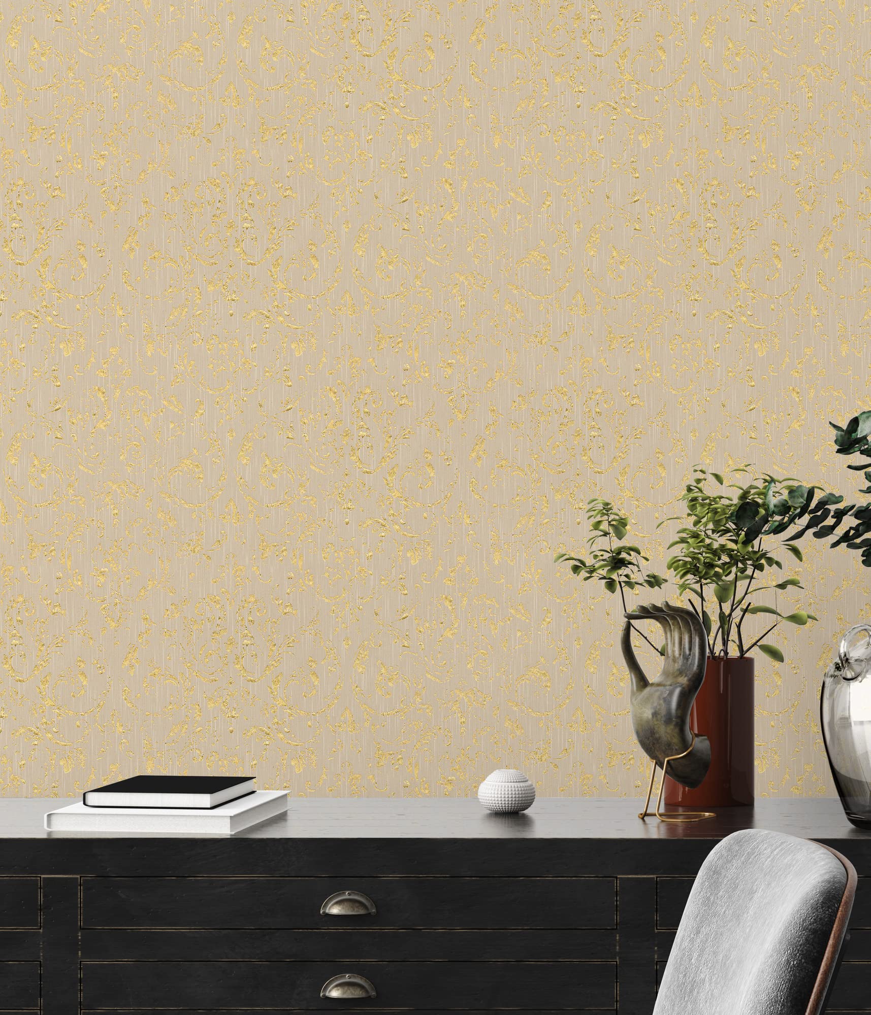 Architects Paper Tapeta tekstylna Metallic Silk tapeta z ornamentami barokowa 10,05 m x 0,53 m beżowy metalik Made in Germany 306602 30660-2