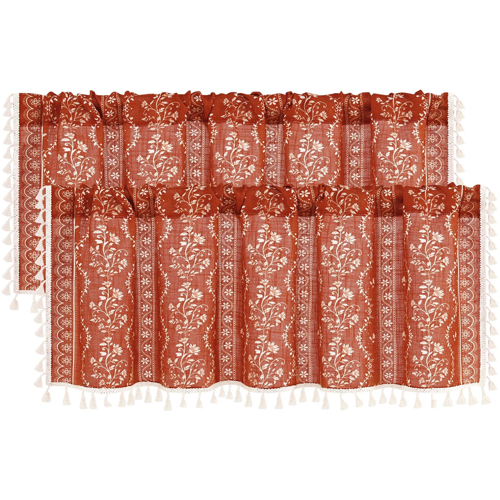 Yinhua 2 Pack Boho Valance Curtains Vintage Linen Kitchen Valances for Windows Light Filtering Valance Rod Pocket Farmhouse Rustic Tassel Window Valances for Bathroom Cafe, 52" W X 18" L, Terracotta