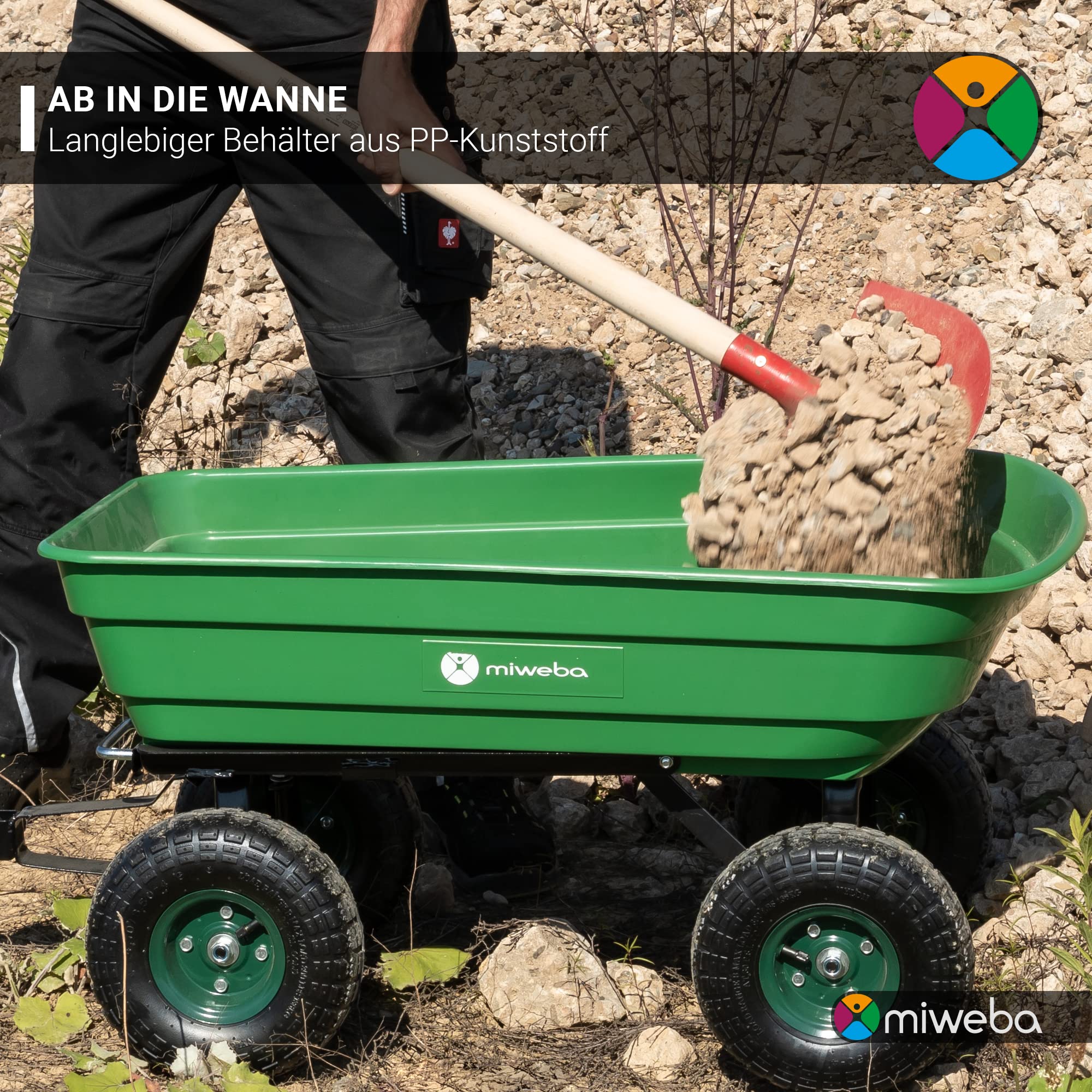 Miweba Bollerwagen Dumper | 𝟑𝟎𝟎 kg Traglast - Luftreifen - Volumen 75 L - Kippfunktion - Sackkarre - Schubkarre - Transportwagen - Kinderwagen - Handwagen - Gartenwagen - Wagen - Kippwagen (Rot)