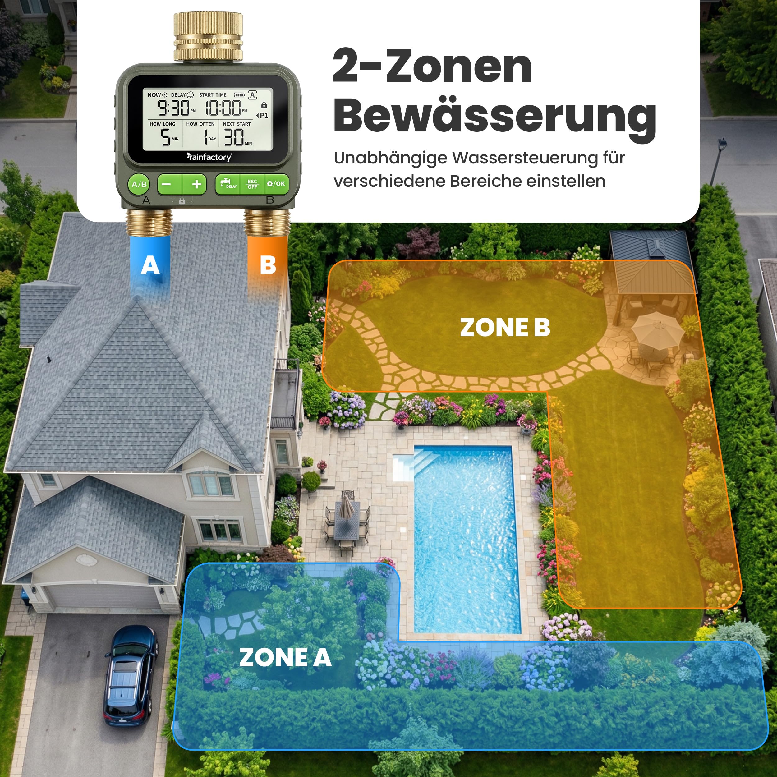 rainfactory Bewässerungscomputer 2 Ausgänge - automatische Bewässerungssteuerung für Garten - Bewässerungsuhr mit 4 Programmen, Delay - Wasser Zeitschaltuhr IP65, 3/4 Zoll für Rasen Beet & Topf Balkon