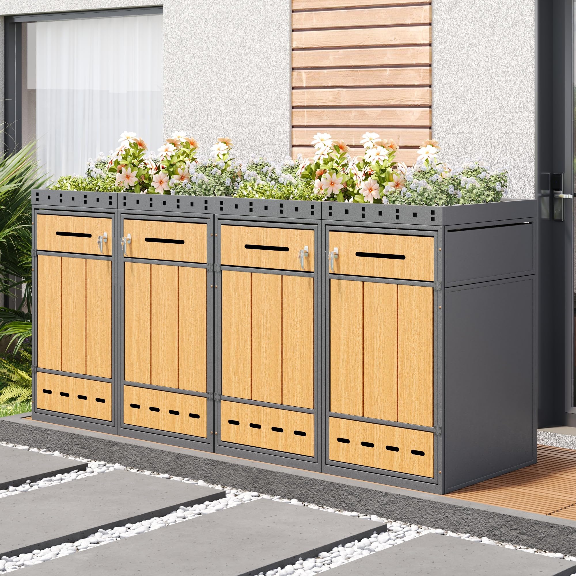 Mülltonnenbox 4er mit Pflanzdach und Türfüllung in Holzoptik 120-240 L, Mülltonnenboxen Mülltonnenverkleidung ist EIN Griff mit Schlüssel Angebracht, Gartenmöbel Müllcontainer, Grau+Holzfarbe