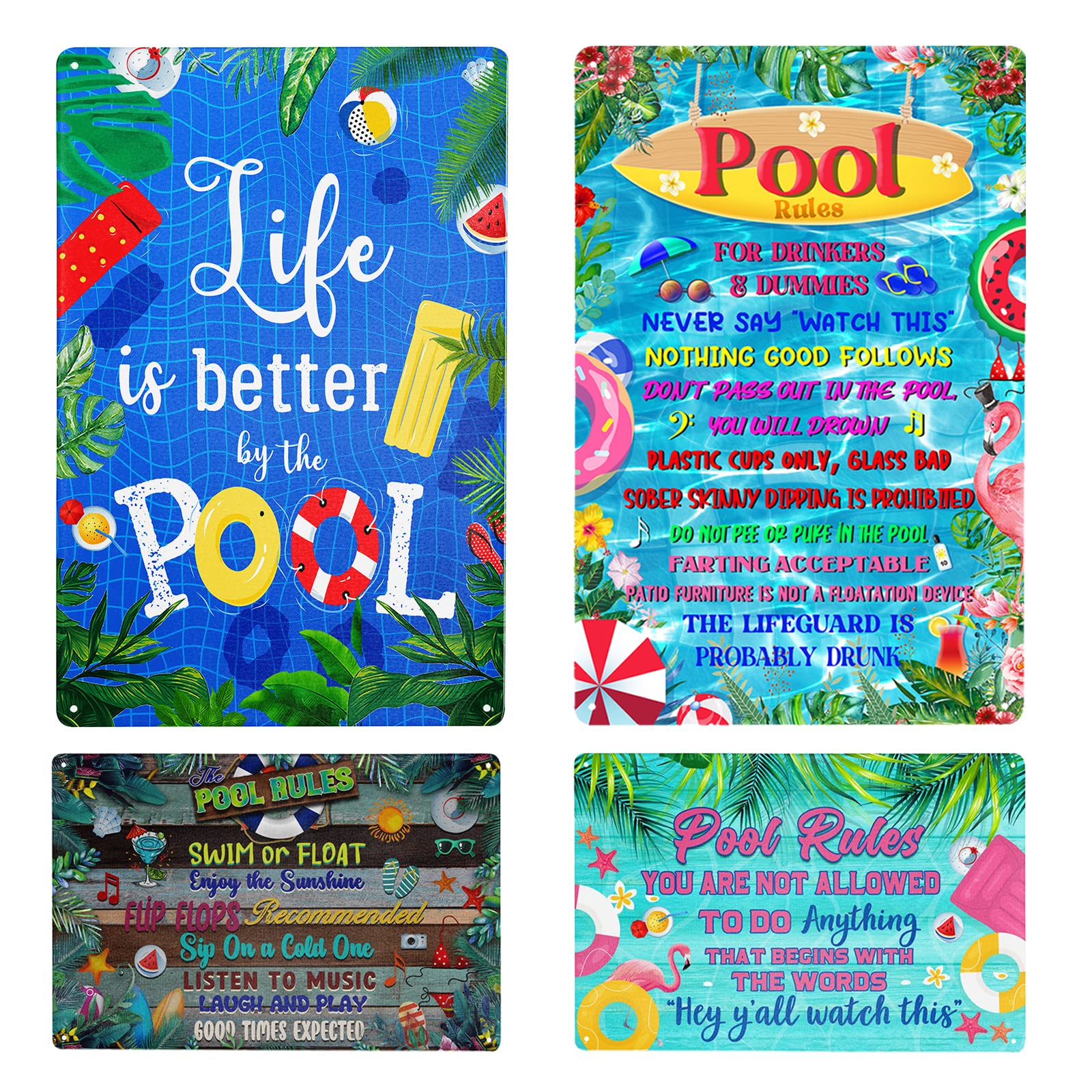 Harooni 4 Pack Retro Metal Tin Signs 8x12 Inch Vintage Pool Patio Rustic Funny Swimming Pool Sign Wall Decor Sign Outdoor for Home, Patio, Bar & Grill