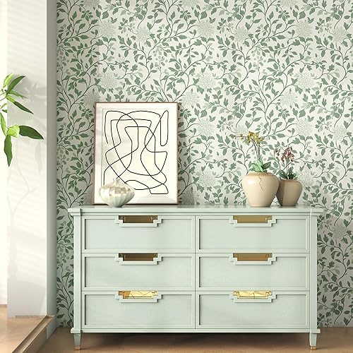 Miniatura 4 de Papel tapiz de hojas para despegar y pegar, papel de contacto bohemio de 17.3 x 78.8 pulgadas, papel tapiz floral verde y beige, autoadhesivo,