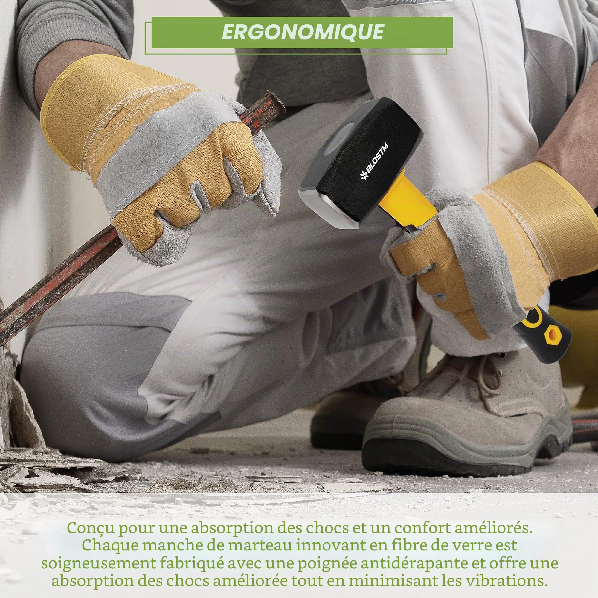 BLOSTM Massette 1.1kg avec Manche en Fibre de Verre - 2.5 lb à Toute Épreuve Maillet avec Poignée Ergonomique Antidérapante - 2.5lb / 1100g