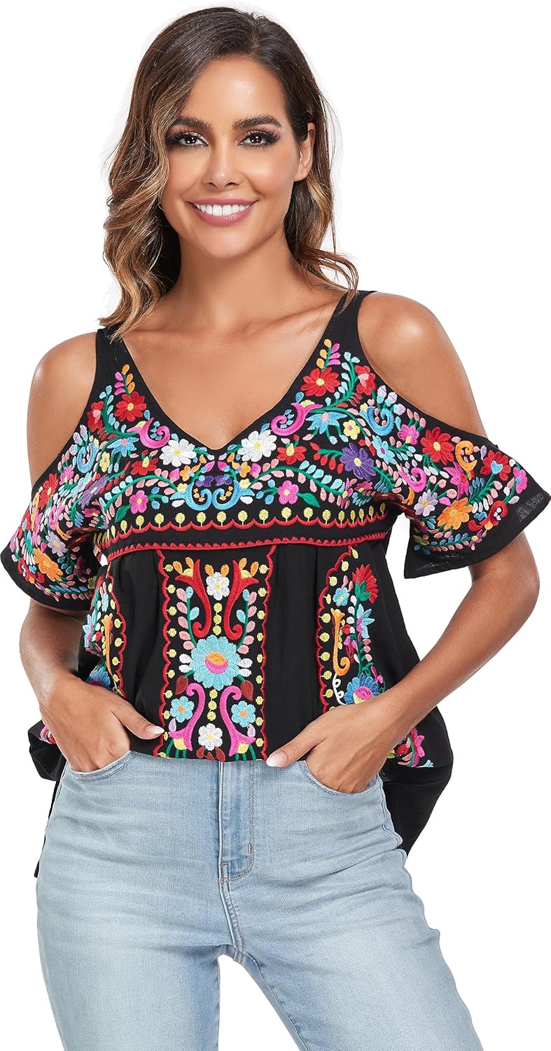 YZXDORWJ Women's Mexican Tops Cold Shoulder V Neck Sexy Blouse Short Sleeve Shirts Embroidered Floral Tunic - Image 7