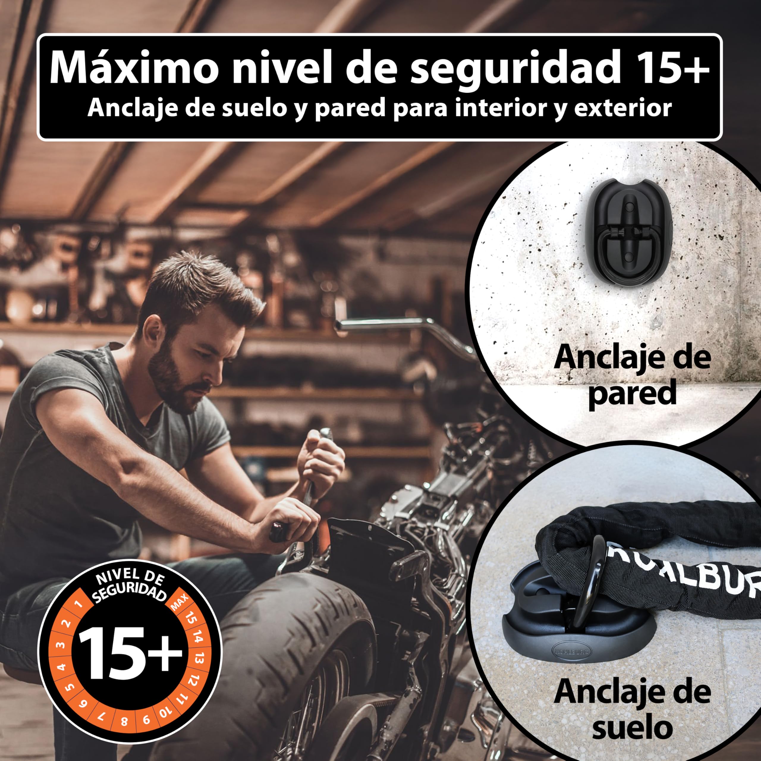 KOHLBURG anclaje de seguridad suelo y pared nivel de seguridad más alto, anclaje moto scooter e‑bike y bicicleta con arco de 14 mm en acero templado – antirrobo bici para pared y suelo sótano y garaje