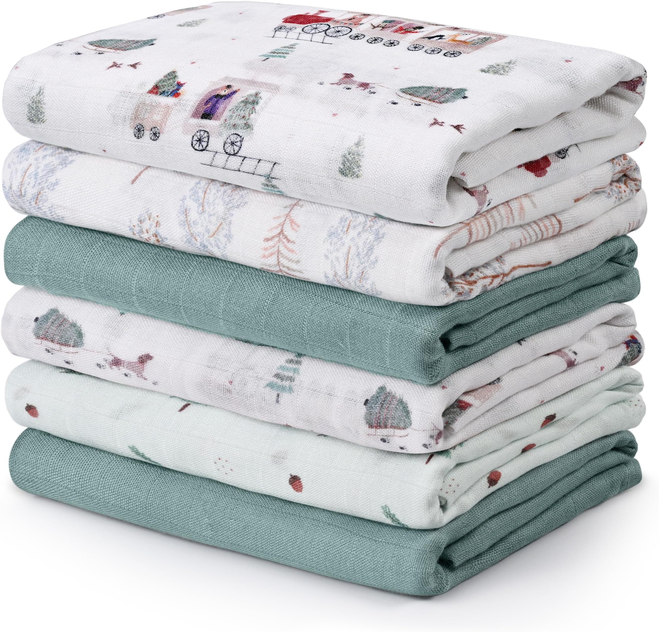GLLQUEN BABY Receiving Blanket Boy Cotton Muslin Swaddle Blankets Girl Newborn Squares Breathable & Soft Thin Baby Blankets Cloths Double Absorbent Infant Swaddling Wrap - 6 Pack (Pine Tree & Train)