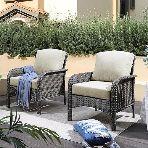 Paquete de 2 sillas de mimbre para muebles de patio, sillas de ratán para exteriores con soporte para reposabrazos, 250 libras, color beige