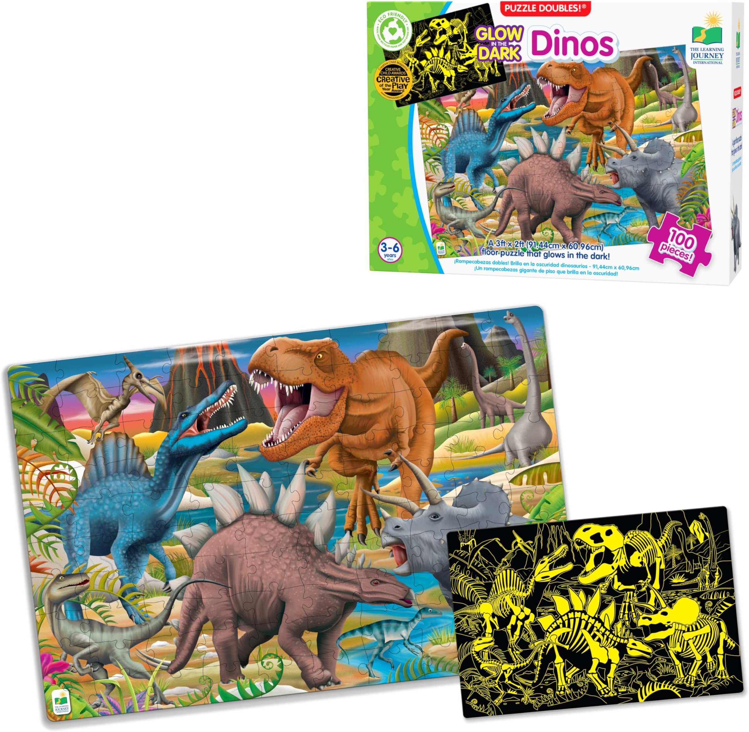 The Learning Journey Puzzle Doubles Glow in the Dark - Dinos - 100 Piece Glow in the Dark Preschool Puzzle (3 x 2 feet) - Educational Gifts for Boys & Girls Ages 3 and Up (787533)