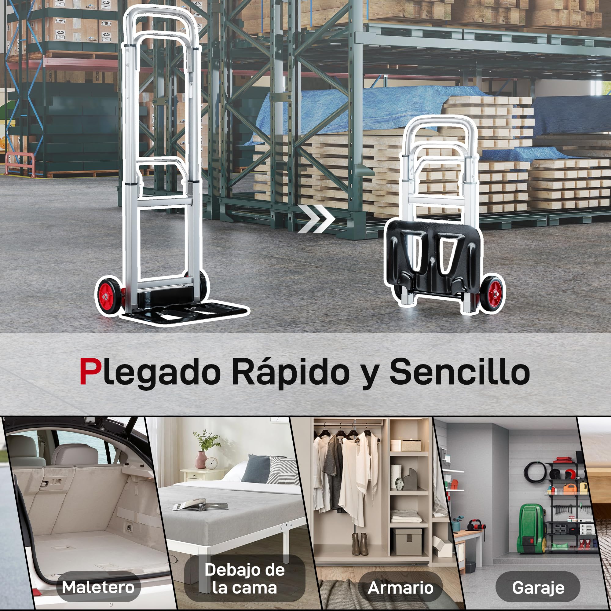 HOMCOM Carretilla Plegable de Aluminio con Ruedas 90 kg Plata y Negro | Mango Telescópico Ajustable, Carretilla de Mano, para Garaje Oficina, Equipaje Viajes, Mudanzas Compras