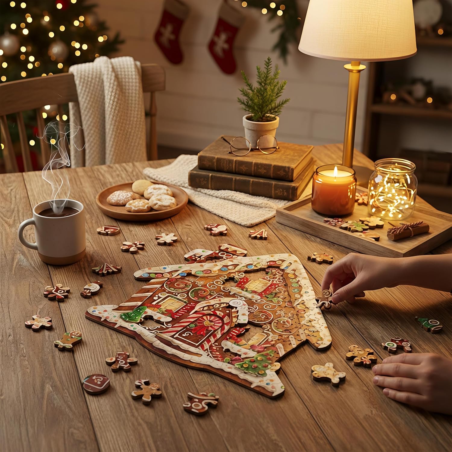 Wooden Puzzles Adults, Christmas Gingerbread House Unique Shaped Wood Puzzle, Challenging 185pcs Jigsaw Puzzle, Holiday Xmas Stocking Stuffers Gifts for Men Women, 11.5x11in Wall Decor