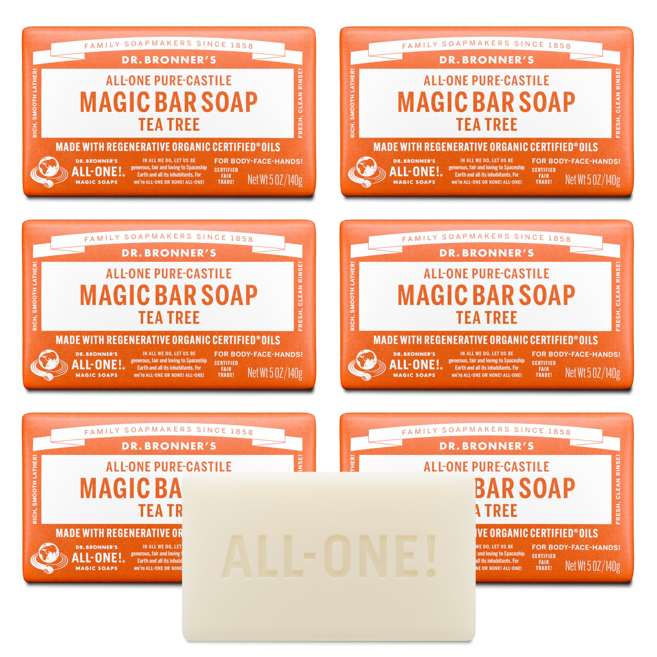 Dr. Bronner's Magic Soaps Pure-Castile Soap, All-One Hemp Tea Tree, 5-Ounce Bars (Pack Of 6)