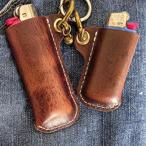 Miniatura 3 de Funda para encendedor de cuero para BIC MiniStandard Lighters Funda de cuero genuino con grilletes de herradura de metal para colgante de llavero