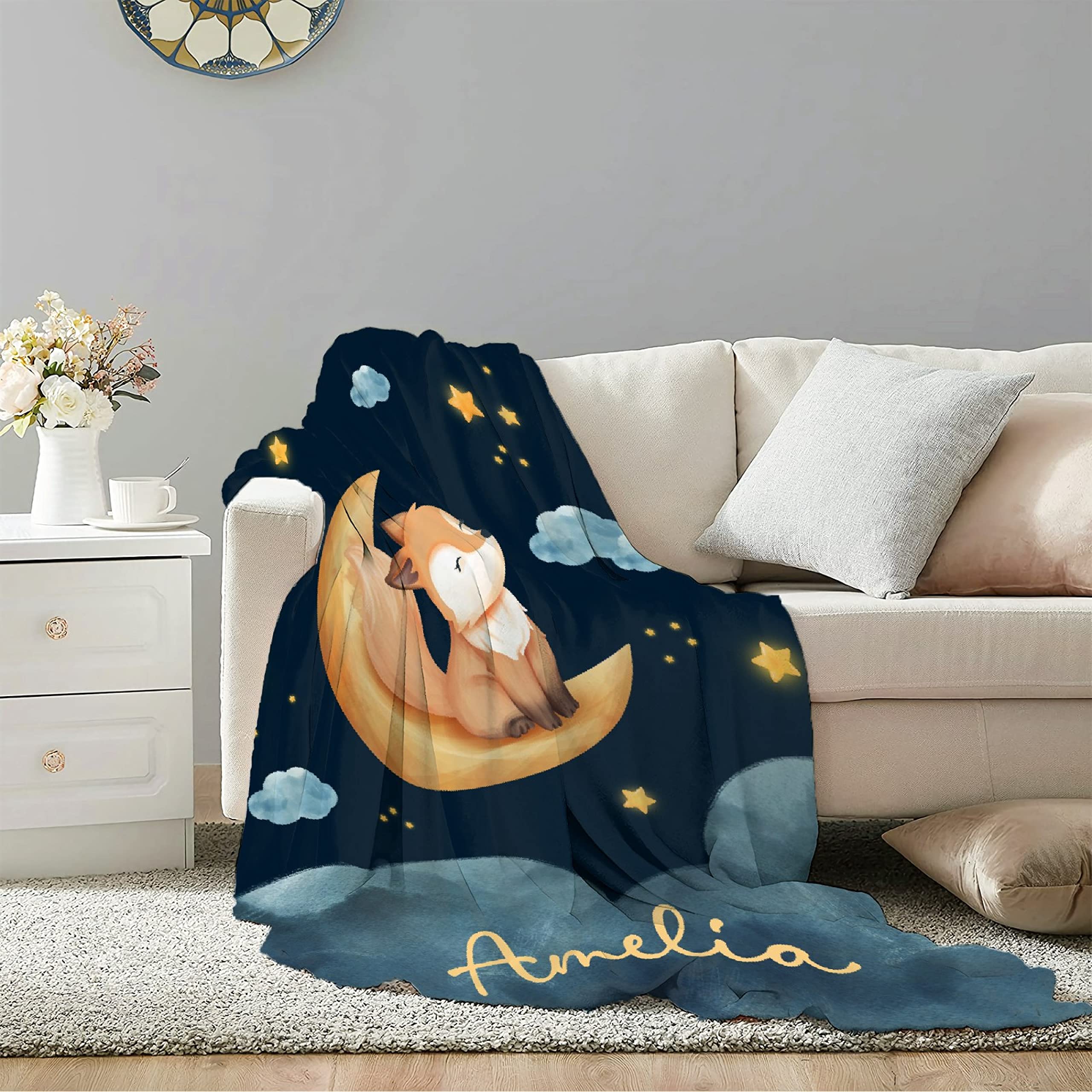 TERSTIN Custom Moon Foxes Baby with Name Personalized Blanket with Customized Blankets, Birthday Souvenir Gifts Personalized Animal Throw Blanket for Boys Kid Baby Extra Small 40