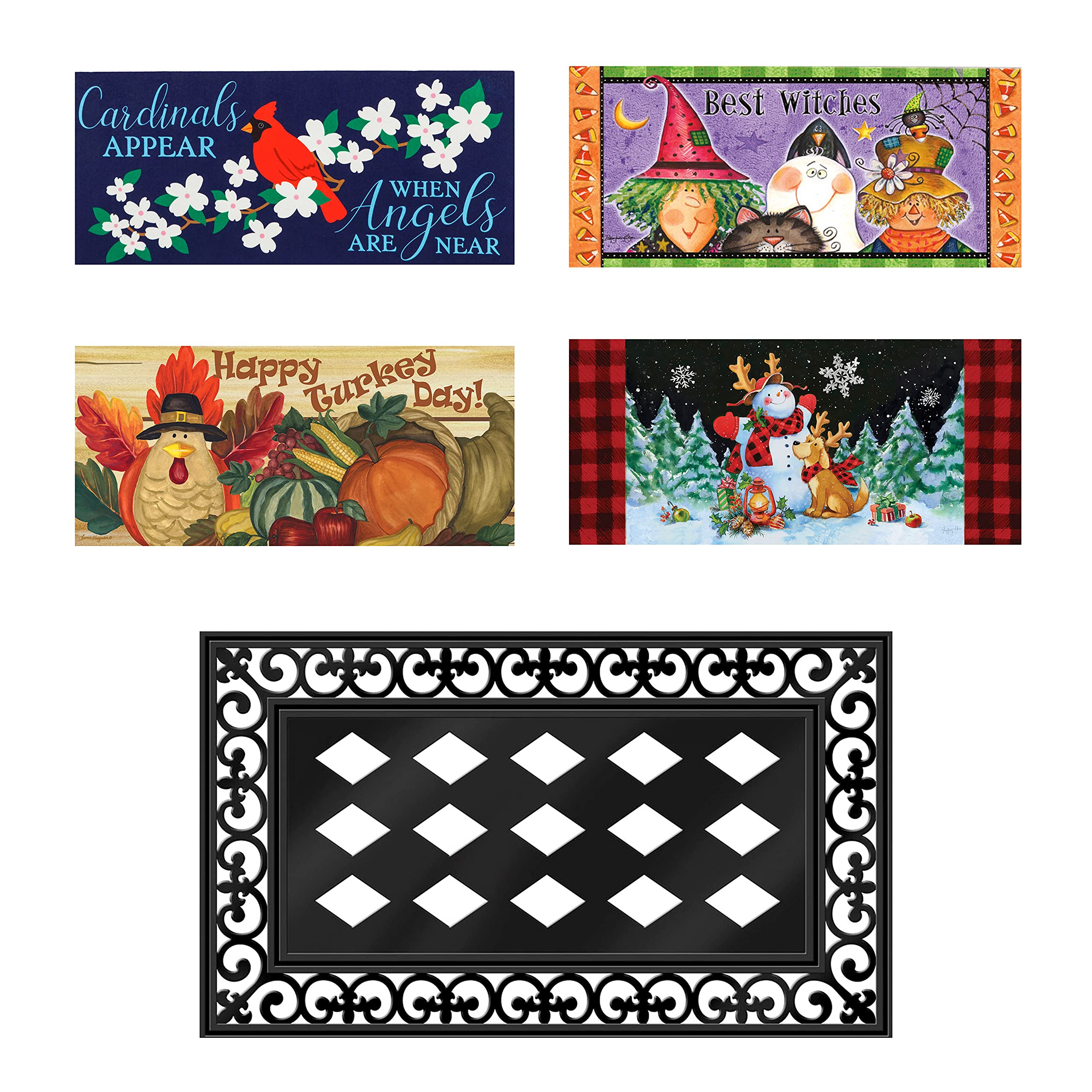 Evergreen Sassafras Bundle - Set of 5 Seasonal Interchangeable Entrance Doormats | Indoor and Outdoor |22-in x 10-in doormats and 30-in x 18-in Tray | Non-Slip Backing | Low Profile | Home Décor