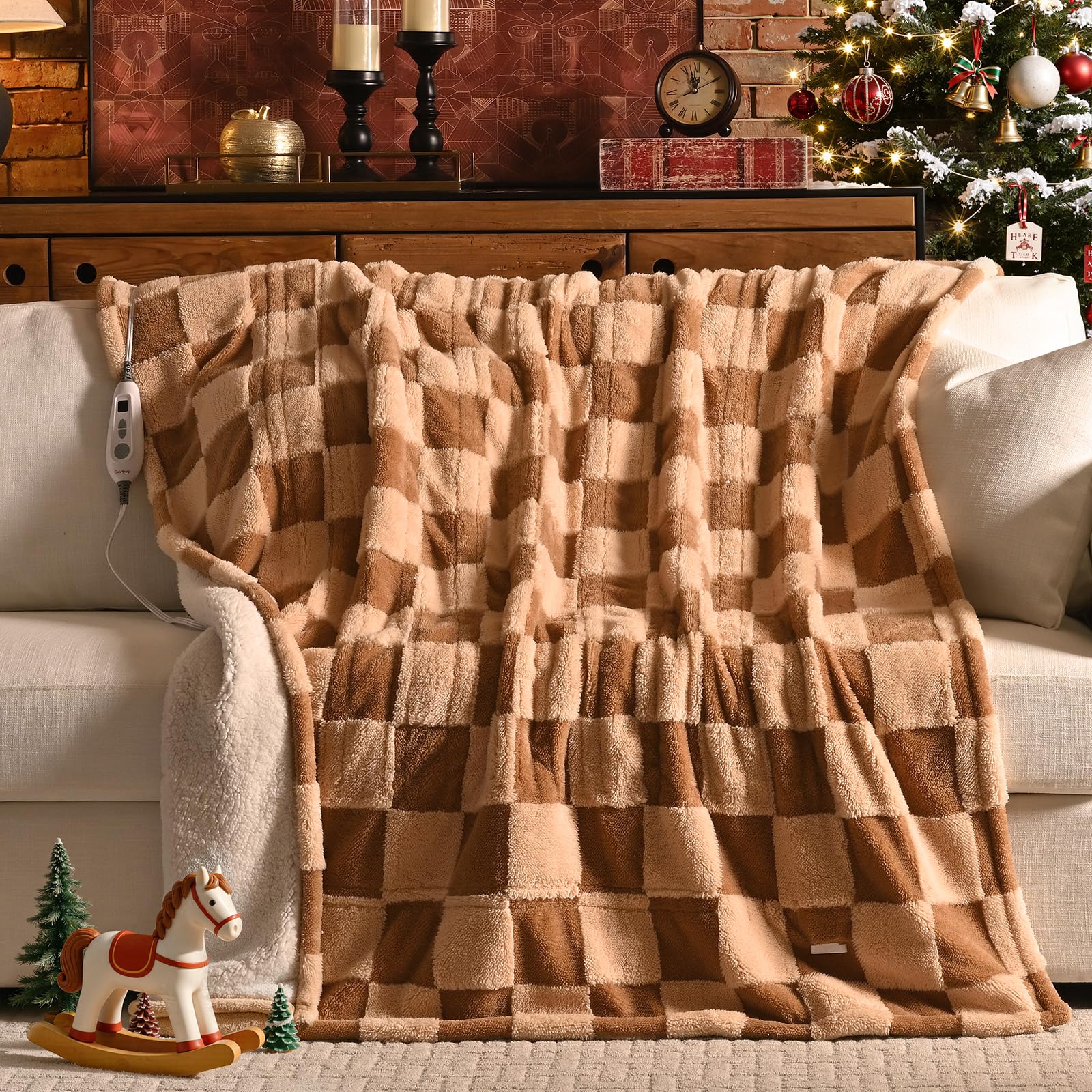 Bearhug Heated Blanket 50" × 60" Electric Throw, Reversible Brown Plaid Sherpa, 4h Auto-Off Timer & 6 Heating Levels, Reversible Heated Throw, ETL Certified, Machine Washable, Gift Box