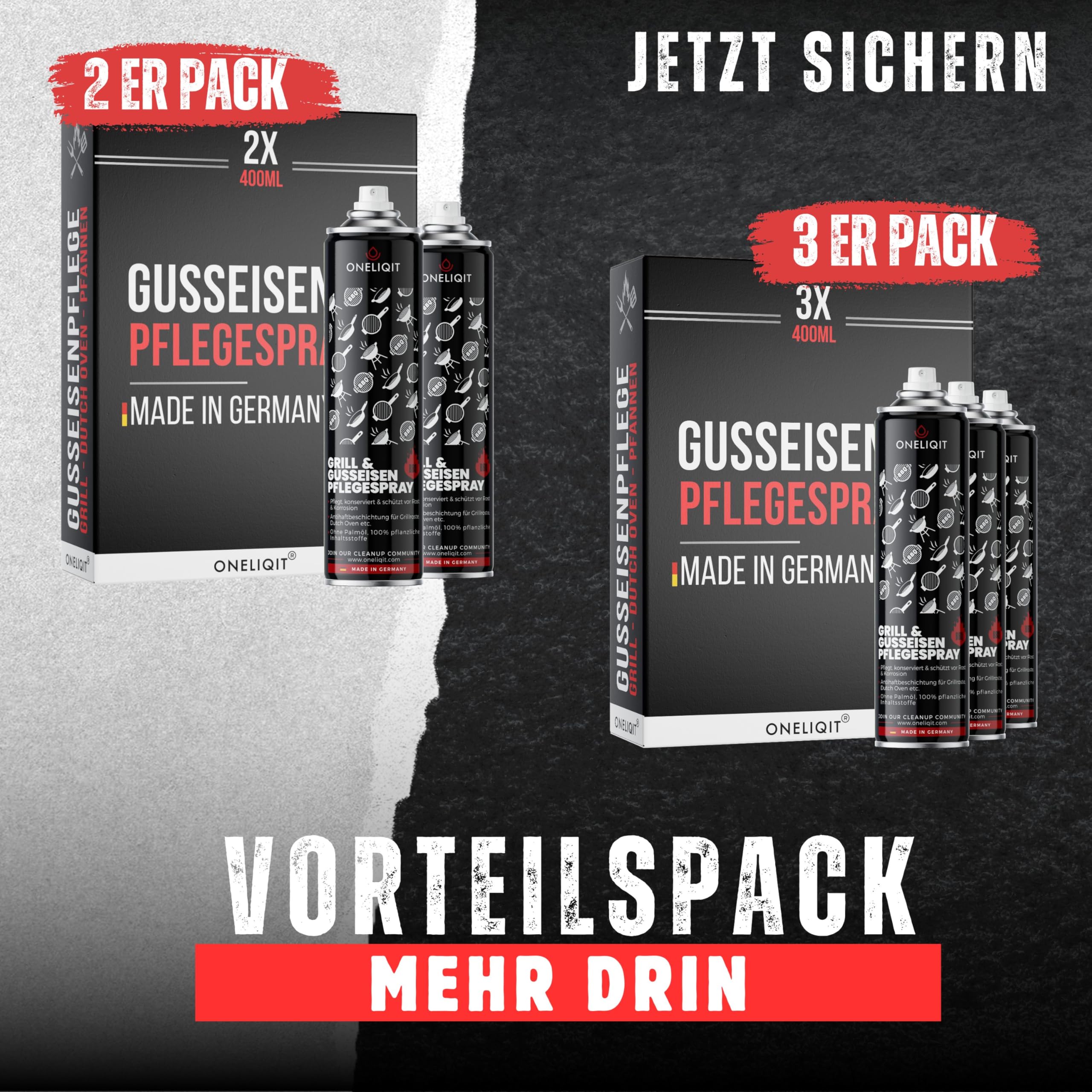 Vorteilspack Gusseisen Pflegespray 3x400ml, Dutch Oven Pflege mit Antihaftfunktion verhindert Anhaften des Grillguts, für die einfache Pflege von Grillrost, Dutch Oven und Pfannen