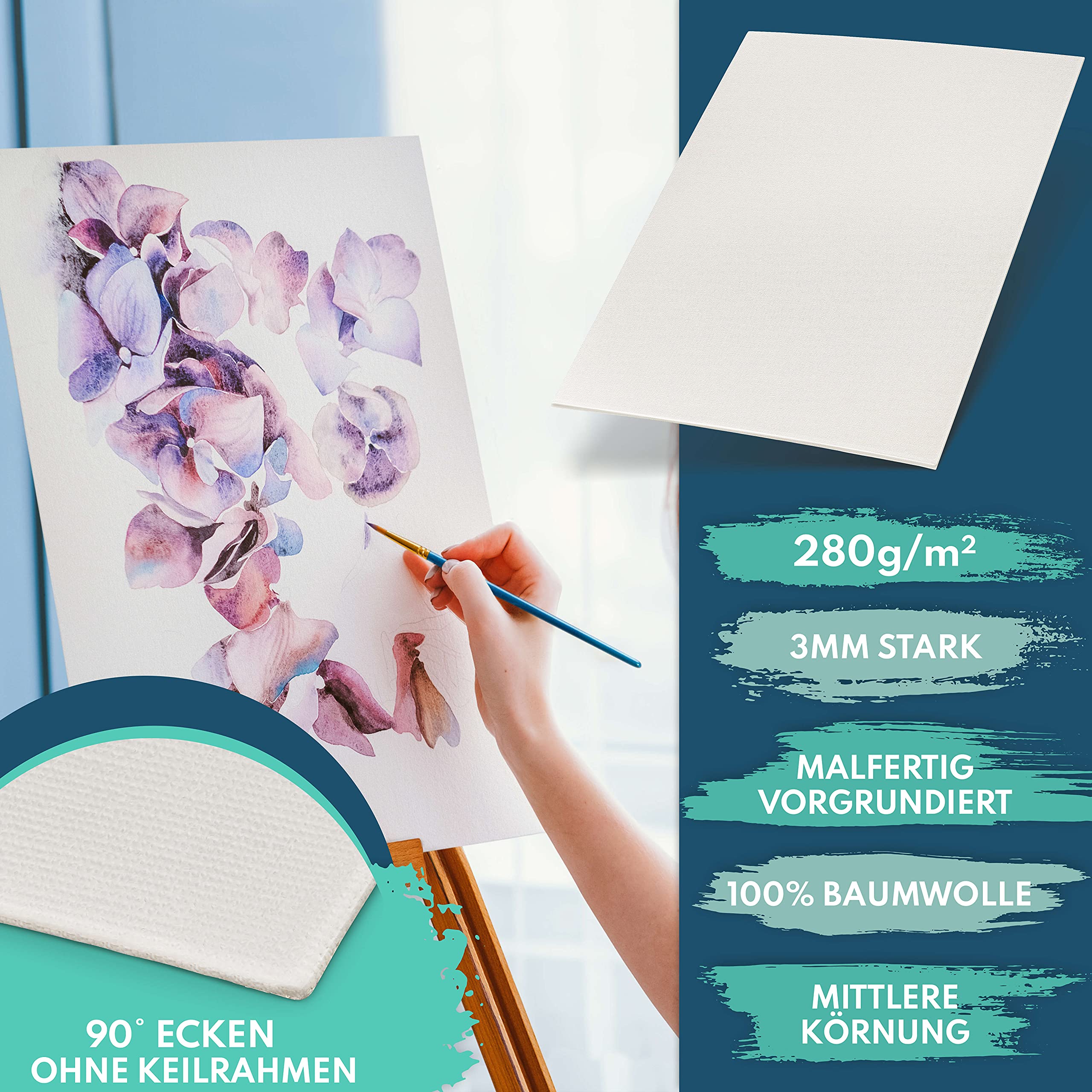 CreaTek - 10er Pack Malkarton 30x40cm [ inkl. 5 Std. Acryl Video Kurs ] malfertig grundiert +400 Malvorlagen & 4 Pinsel | aus100% Baumwolle | Leinwand 30 x 40 | Premium Malpappe, Canvas painting