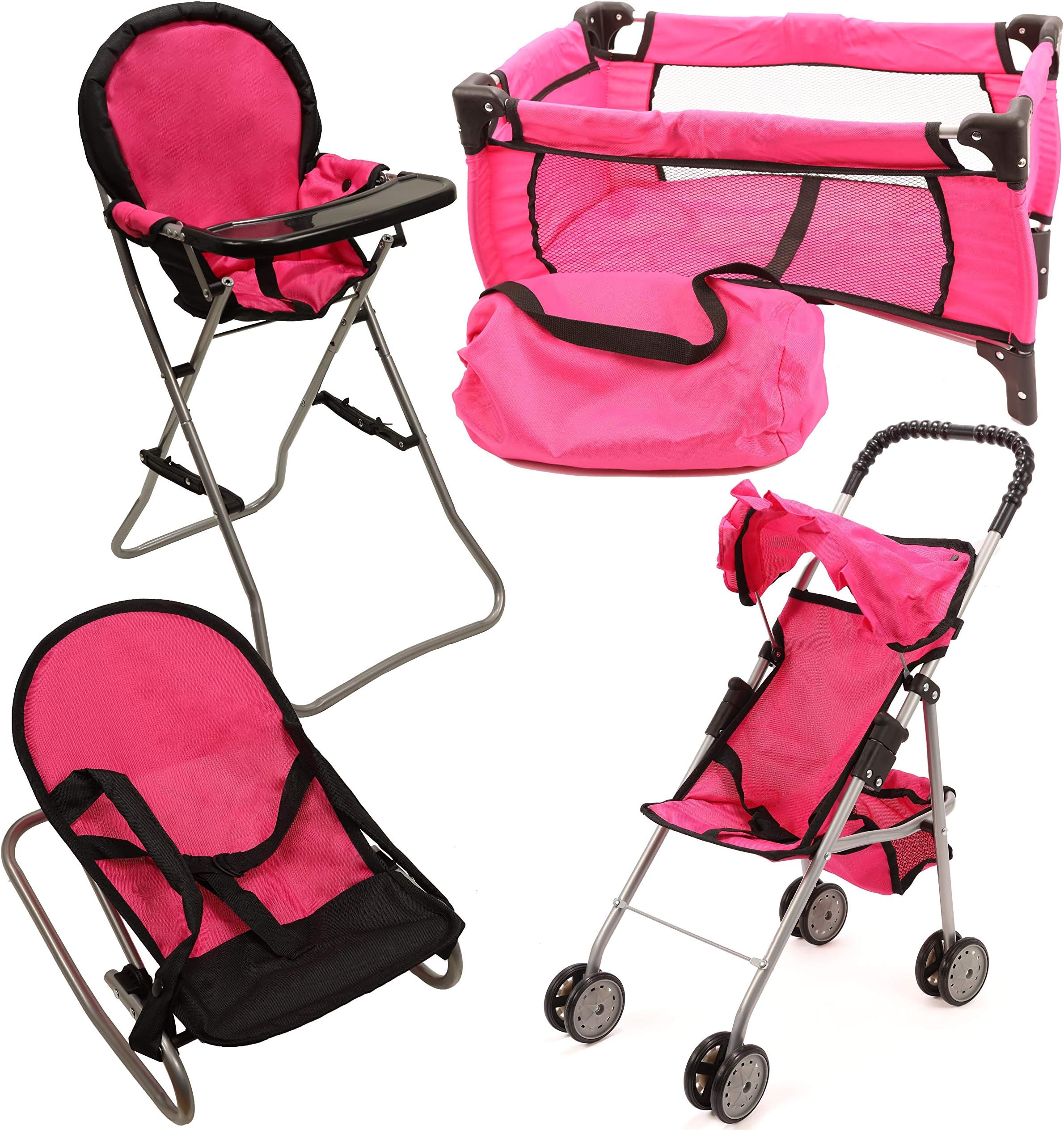 Mommy & Me Doll Collection 4 In 1 Baby Doll Accessories Mega Deluxe Playset with Doll Stroller, Doll High Chair, Doll Bouncer and Doll Pack N Play Baby Doll Crib, Fits 18 Inch American Girl Doll, Pink