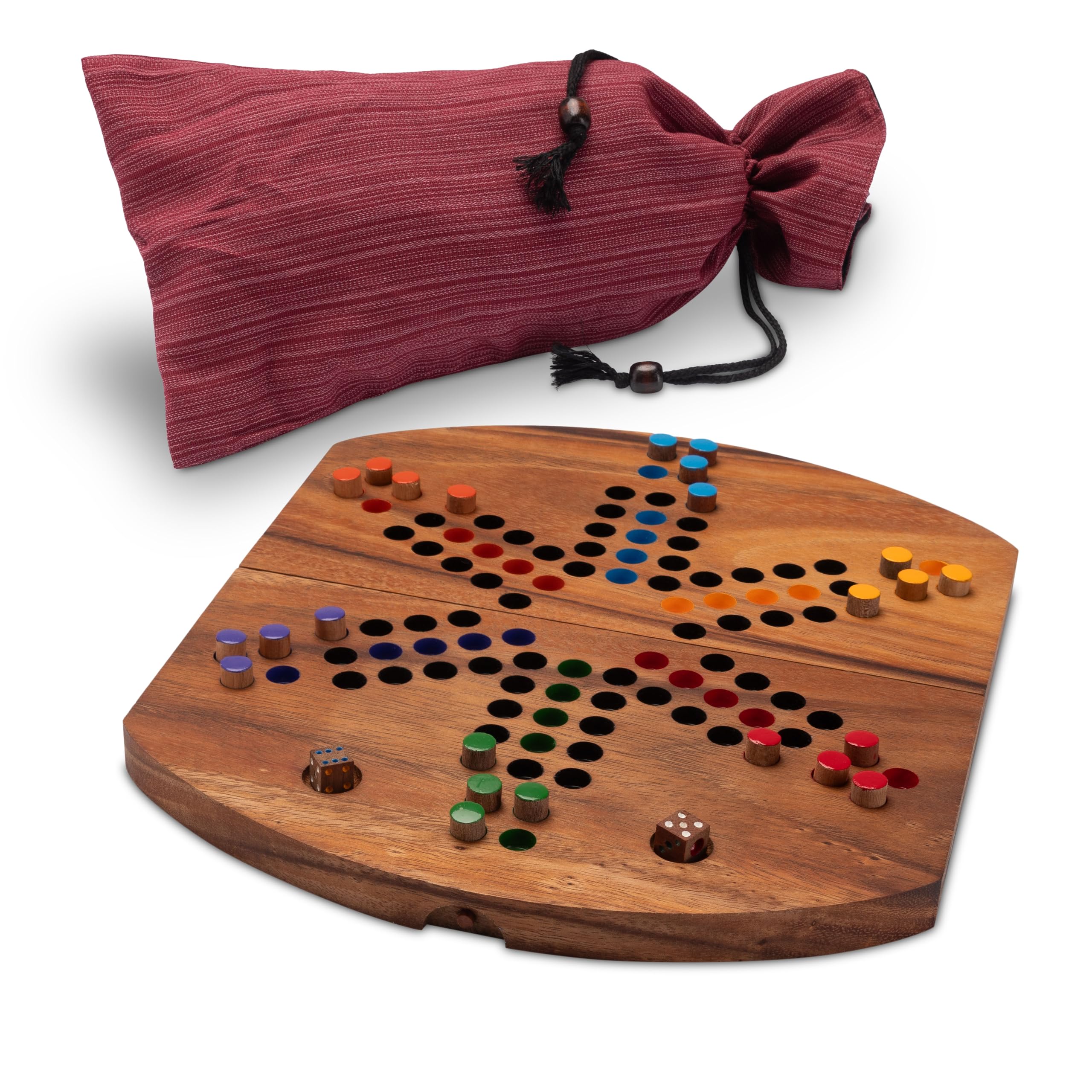 LOGOPLAY Ludo dla 2 do 6 graczy z materiałową torbą - pole do gry 33 x 28 cm - drewniana gra w kości