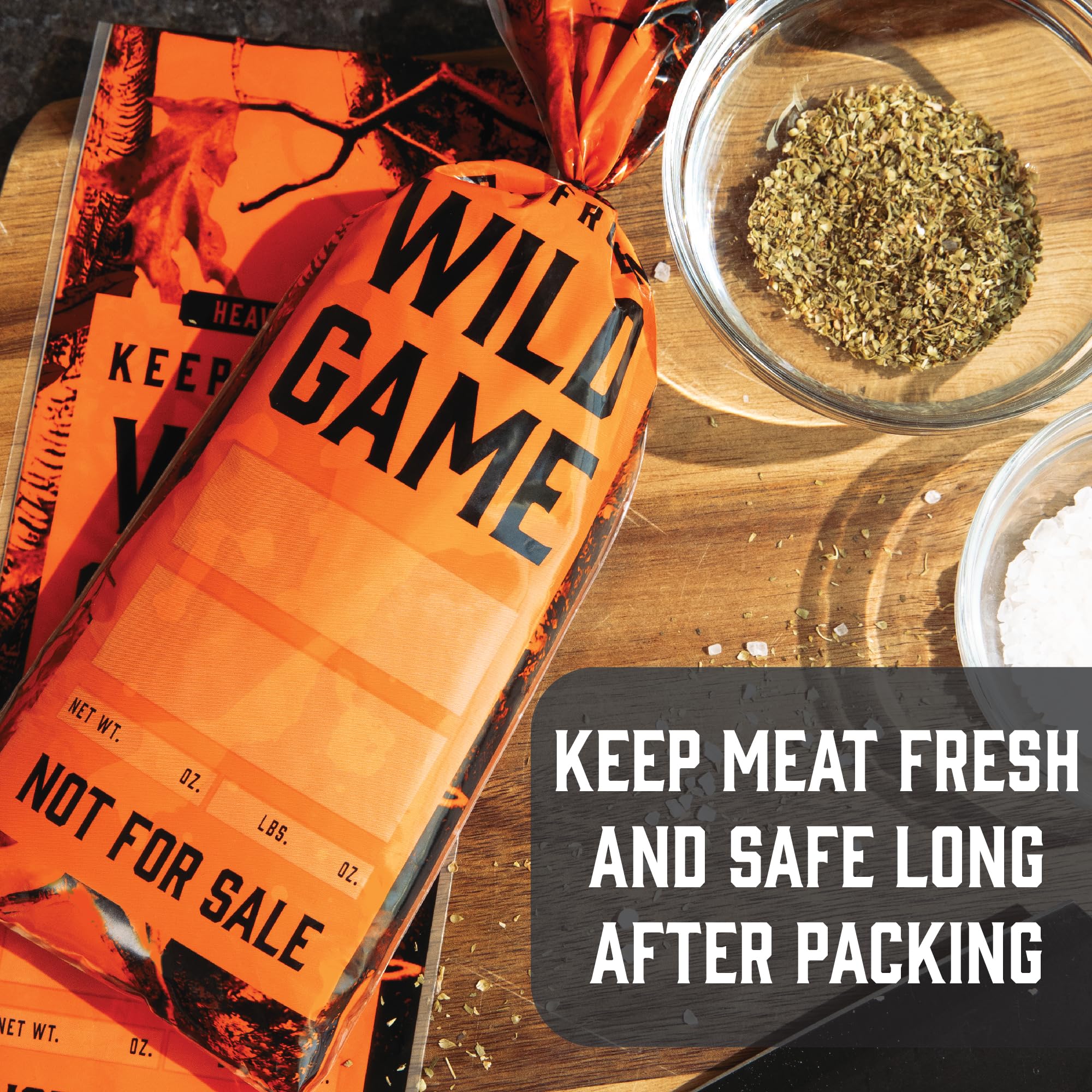 Wild Game - Bolsas de congelador para carne molida o venado, sistema de almacenamiento de embalaje de carne de caza de 1.5 libras con lazos giratorios para evitar quemaduras por congelador (50)