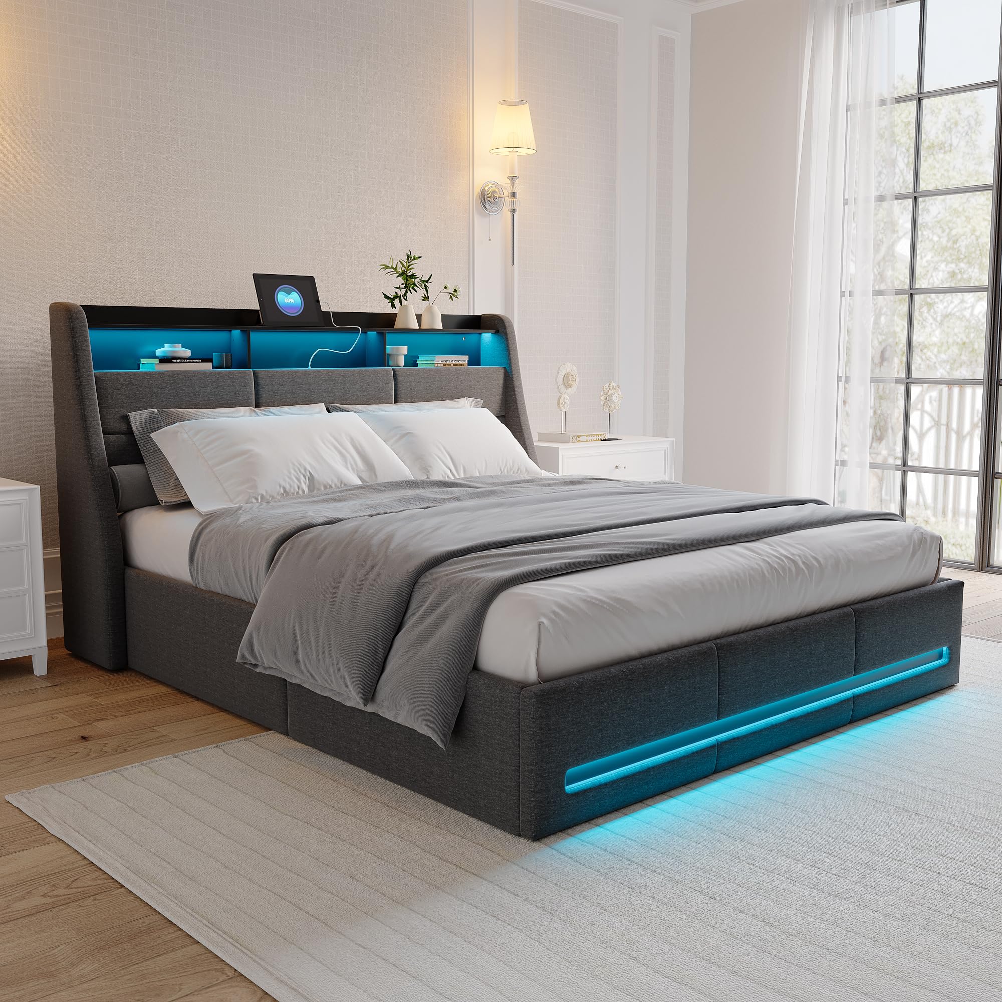 Cama con arcón 160x200 con LED,Cama tapizada,Cama Acolchada LED Almacenamiento hidráulica con Puerto USB, Camas Acolchadas con arcón,Camas Dobles con Almacenamiento,Cama Funcional Juvenil(Gris+Lin-1)