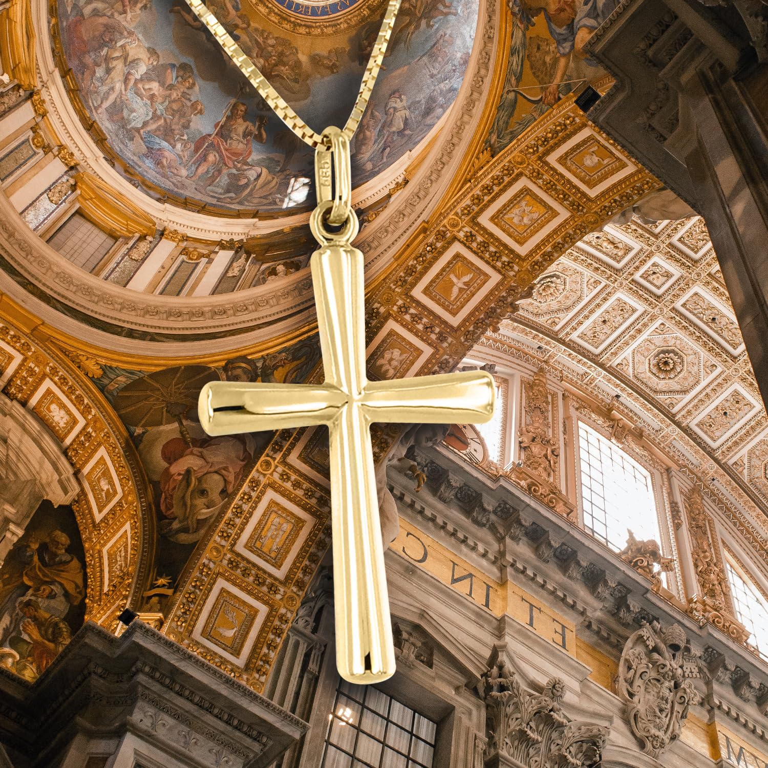 Lucchetta - Catenina con Ciondolo Croce piccola in Oro Giallo 14 carati | 45 cm ridimensionabile a 42 cm, Collane d'Oro Vero per Regalo Donna Ragazza