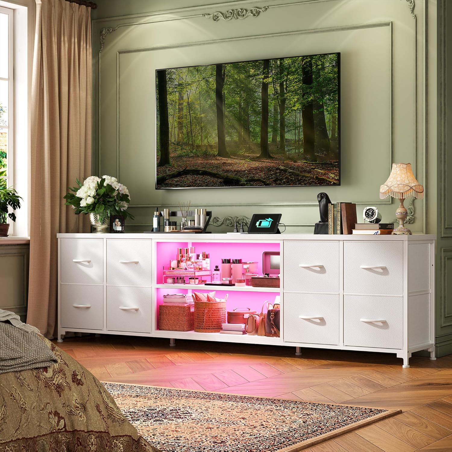 Romorgniz 63" W TV Stand for 65 75 Inch TV with Lights & Power Outlets, 8 Fabric Drawers TV Stand for Bedroom with 3 Wooden Shelves,Dresser for Living Room,Entertainment Center,Dorm,White