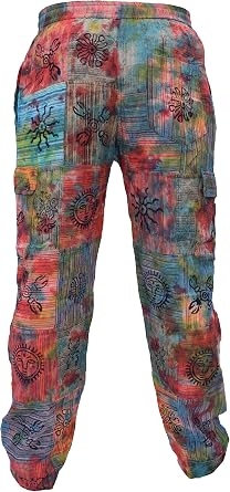 Gheri Mens Tie Dye Patchwork Colorful Hippy Cotton Cargo Pants