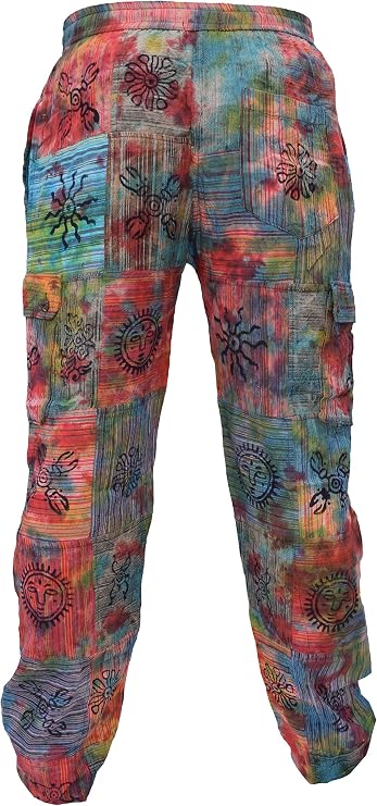 Gheri Mens Tie Dye Patchwork Colorful Hippy Cotton Cargo Pants
