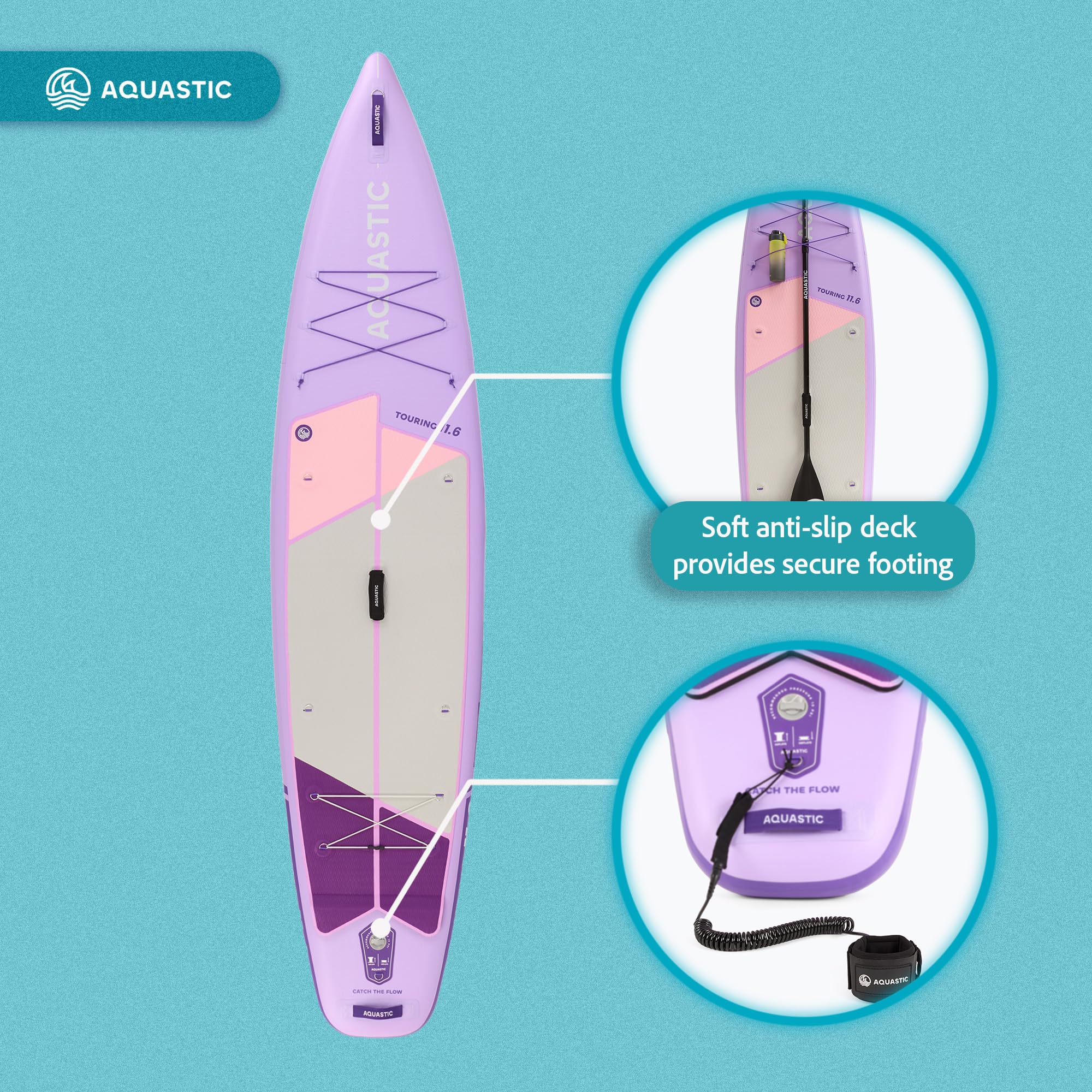 AQUASTIC Touring nadmuchiwana deska SUP 350 x 79 x 15 cm, maksymalne obciążenie 130 kg, pierścienie D do siedzenia kajakiem | 350 x 79 x 15 cm, 330 l, do 130 kg, fioletowy, z siedziskiem kajakowym, wiosłem 2 w 1, pompką, smyczą, płetwami i plecakiem