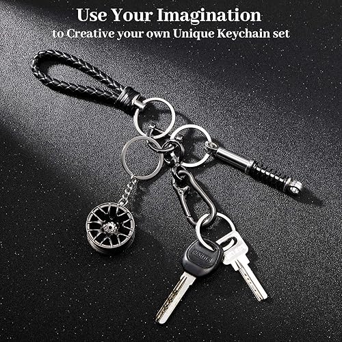 Vista 9 de Frienda 8 piezas automotrices modelo llavero conjunto de aro giratorio cadena JDM llavero Turbo con sonido