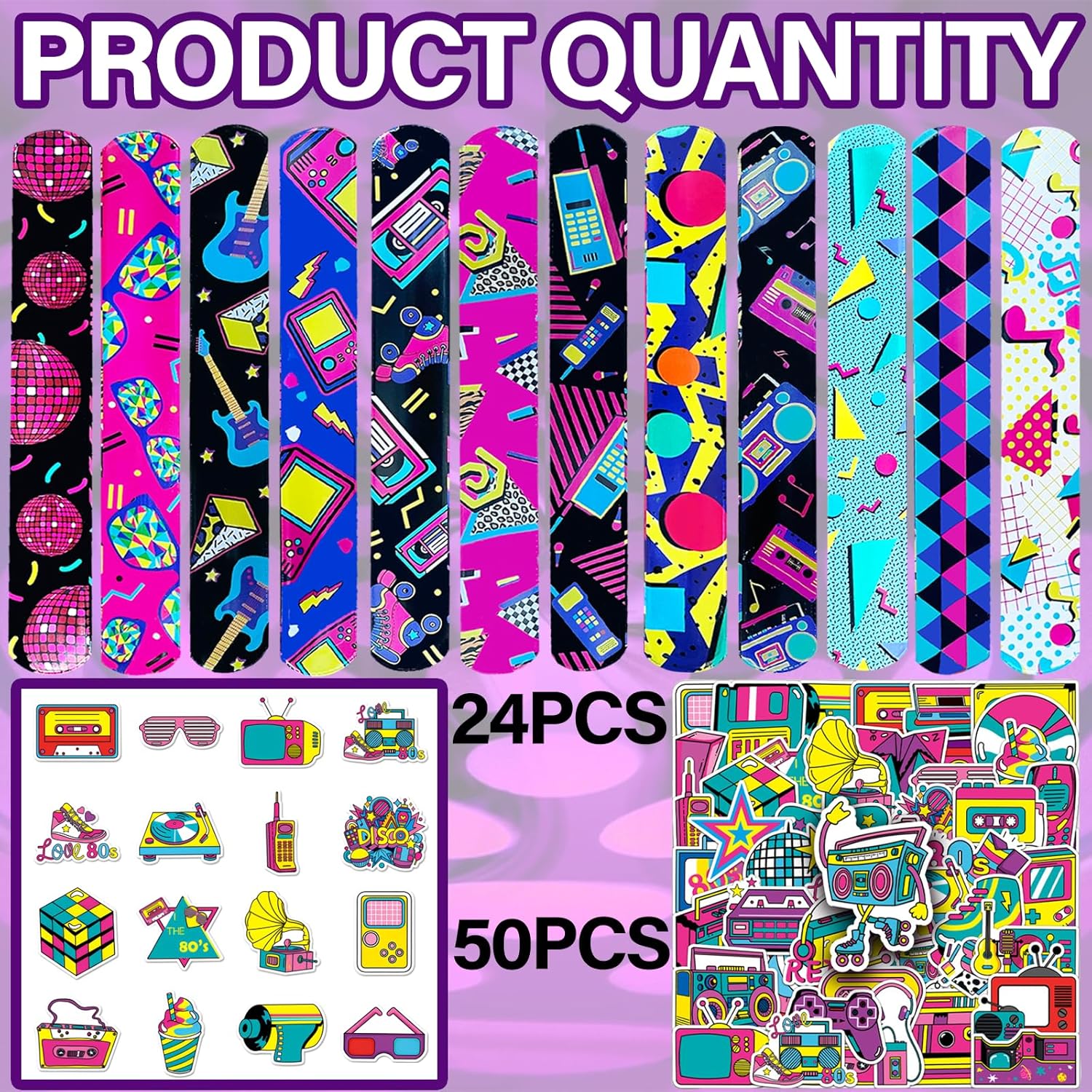 74Pcs 80s Theme Party Favors Contain 24 Pcs 80s Theme Slap Bracelets 50Pcs 80s Theme Stickers, Retro Birthday Party Decorations,Classroom Rewards Supplies. - Image 2