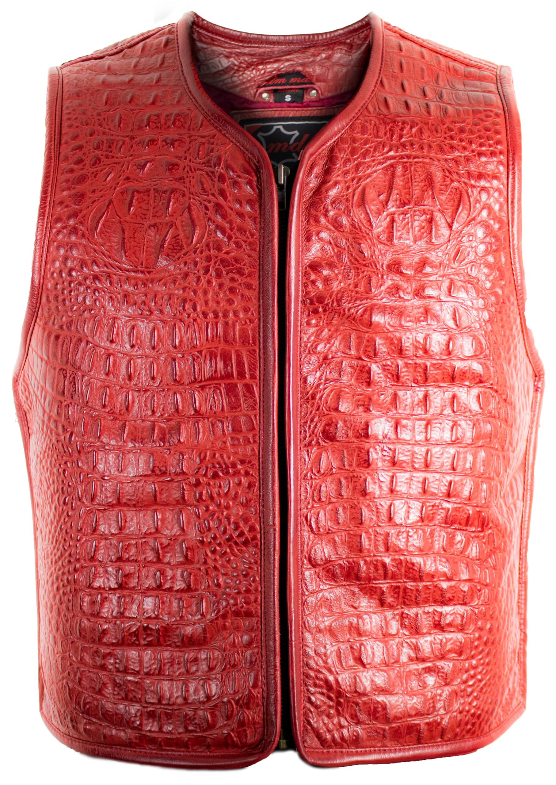 MDM Chaleco de piel para hombre en imitación de cocodrilo, color rojo