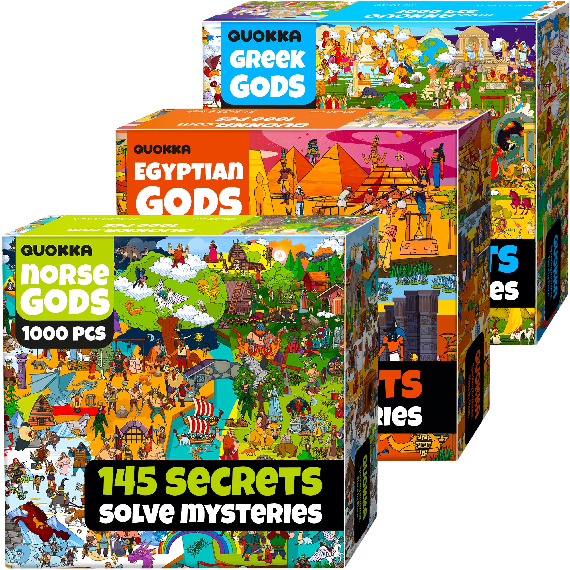 QUOKKA 1000 Piece Jigsaw Puzzle for Adults – Set of 3 Puzzles for Adults 1000 Pieces Premium Box Packaging - Norse, Greek And Egyptian Gods - Extra Fun Hidden Secrets And Audio Story