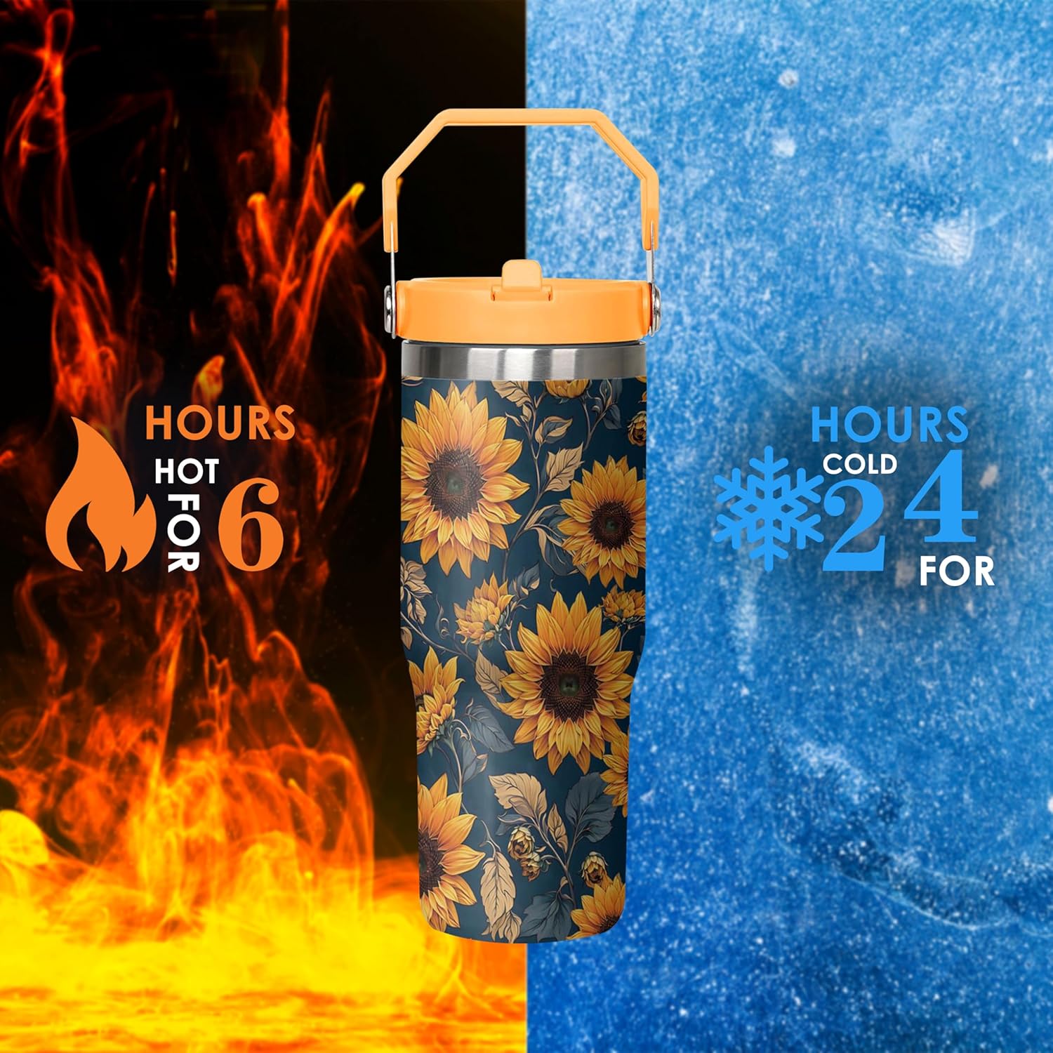 30 oz Sunflower Orange Flip Straw Tumbler with Top Handle for Sunflower Orange Lover Resuable Vacuum Insulated Flip Top Water bottle for Home Office Car - Image 4