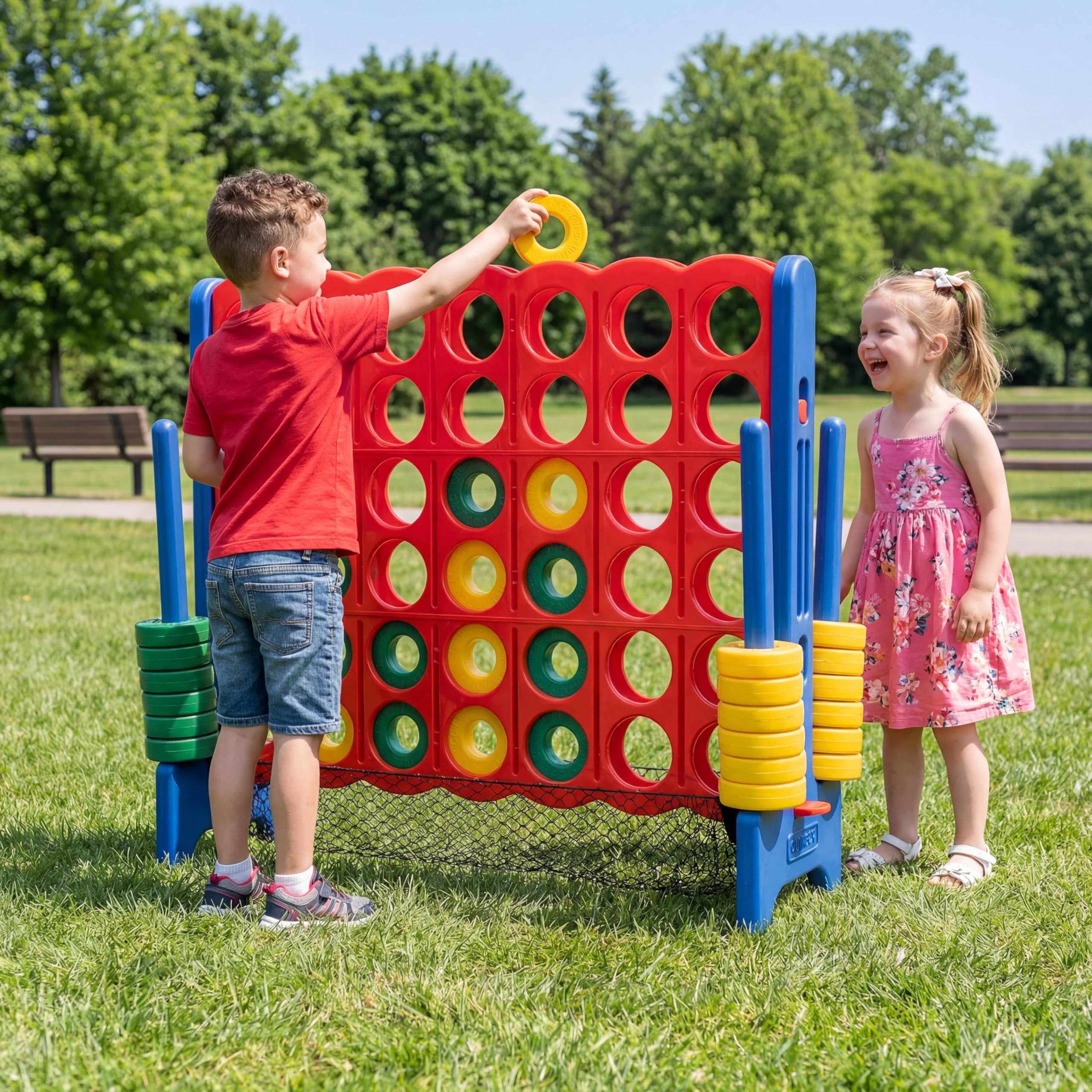 HOMASIS Riesiges 4 Gewinnt Spiel, 4 in Einer Reihe Spiele, Strategiespiel mit 42 Ringen & & Schieberegler, XXL Brettspiel Spielzeug Vier Gewinnt Spiel für Kinder & Erwachsene Outdoor (Blau+Netz)