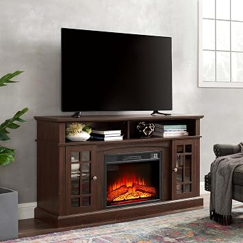Tv Media Cabinet w/Remote Control Electric Fireplace Insert & Glass Front, Cord Management and Storage, MDF for Living Room, Family Room Entertainment Center Espresso