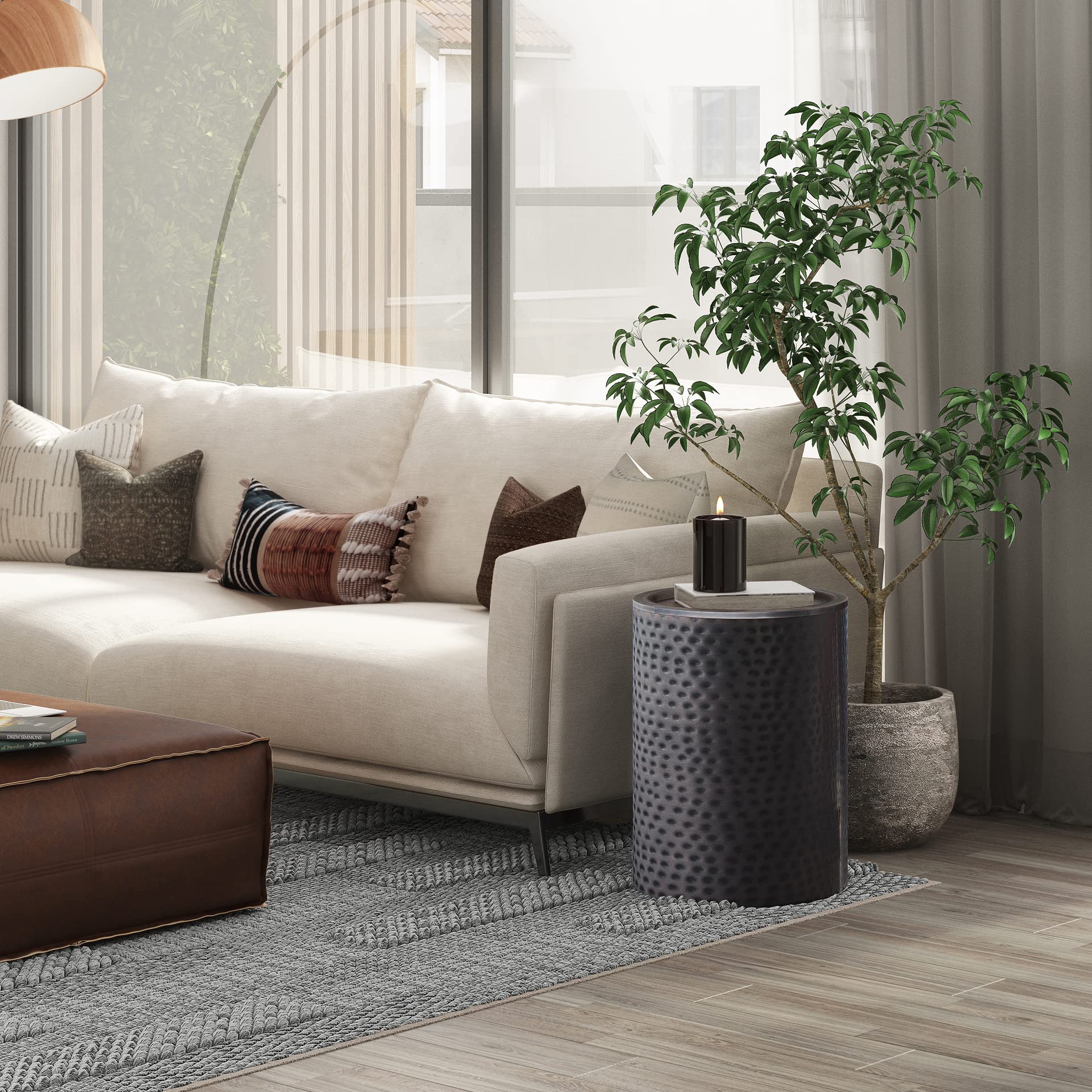 SIMPLIHOME Demy 18" Wide Round Metal Table in White Marble/Black | Industrial accent table with a sturdy base and hammered finish; side table, end table for living room, bedroom, or office.