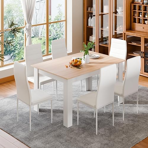 Miniatura 5 de Juego de Mesa y Sillas de Comedor para 6, Juego de Mesa de Cocina de 7 Piezas con Silla de Cuero Sintético de Respaldo Alto para Comedor Cocina